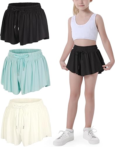 JOCMIC Pantalones cortos fluidos para niñas, 2 en 1, pantalones cortos estilo mariposa con forro de elastano para gimnasia, atléticos, ropa casual