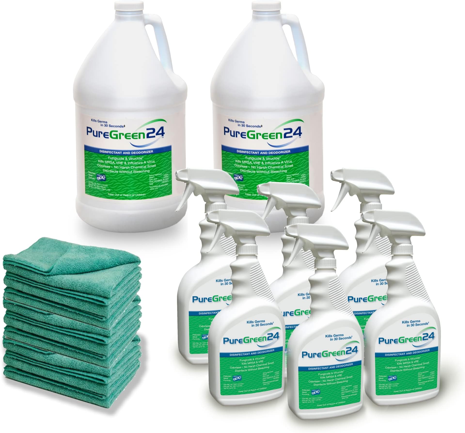 PureGreen24 Disinfectant Institutional Package - Kills deadly germs including RSV, MRSA & Staph, NoroVirus but is safe enough for use on children's toys The package includes 2 gallons, 6 32oz spray