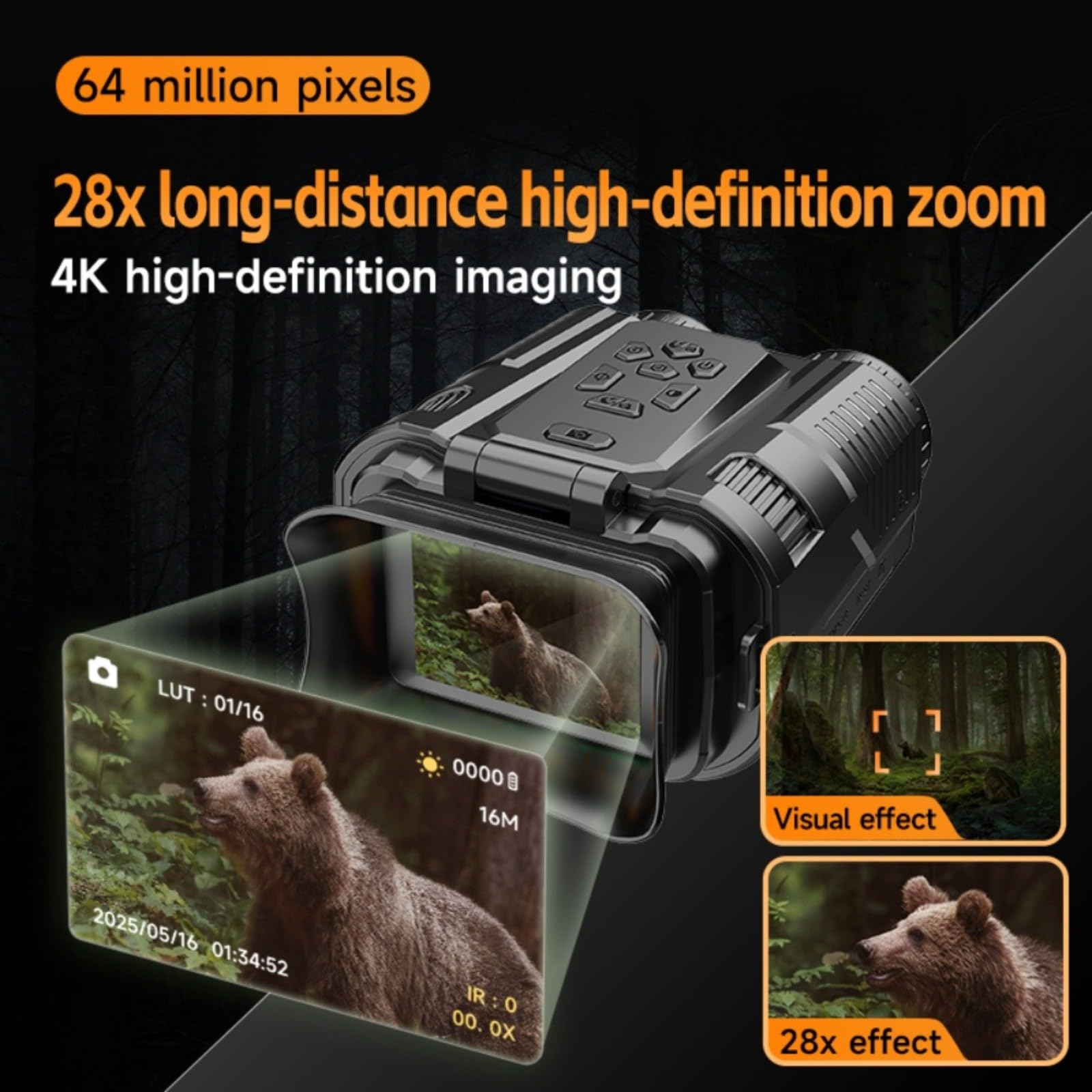 4K para prismáticos de visión nocturna con pantalla HD de 2 pulgadas y zoom 28X con batería recargable de 3600 mAh para una visión extendida de la vida silvestre