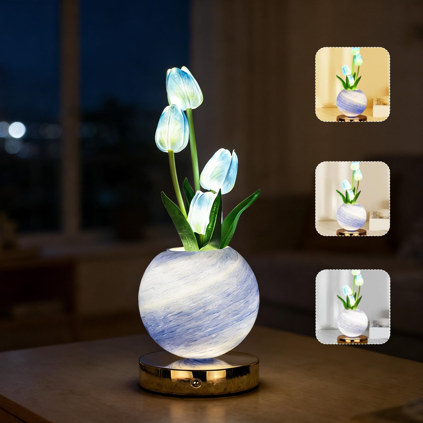 AVEKI Tulip Table Lamp,3 Color Dimmable Touch Crystal Vase Bedside Light,Rechargeable Cordless Artificial Tulips Flowers Desk Lamp Decor for Date Party Home,Romantic Gift for Woman Mom (Tulips-Blue)