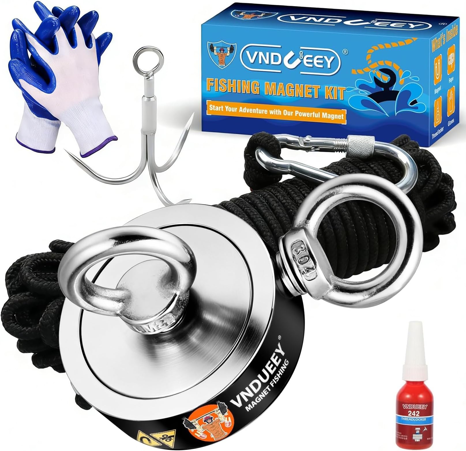 VNDUEEY 760 LBS Magnet Fishing Kit, Fishing Magnets Kit Includes Grappling Hook, Heavy Duty 65FT Rope, Gloves & Locking Carabiner - 2.36inch Diameter