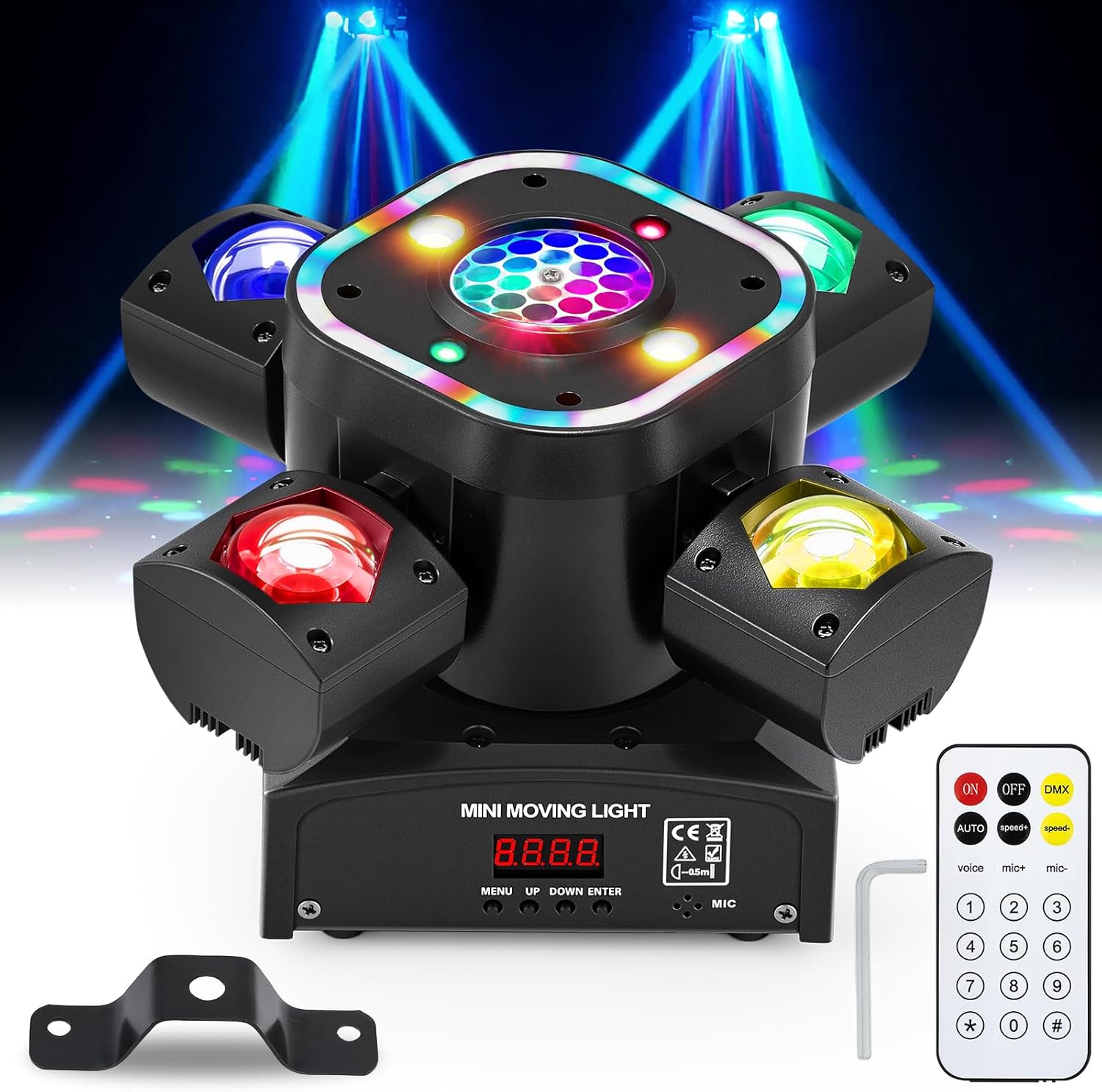 80W Moving Head DJ Lights, 5-in-1 RGBW LED Disco Light with 4 Arms Beam – DMX512 & Sound Active & Remote, Professional Party Lighting for Stage, Club, Wedding, KTV, Bar, Live House
