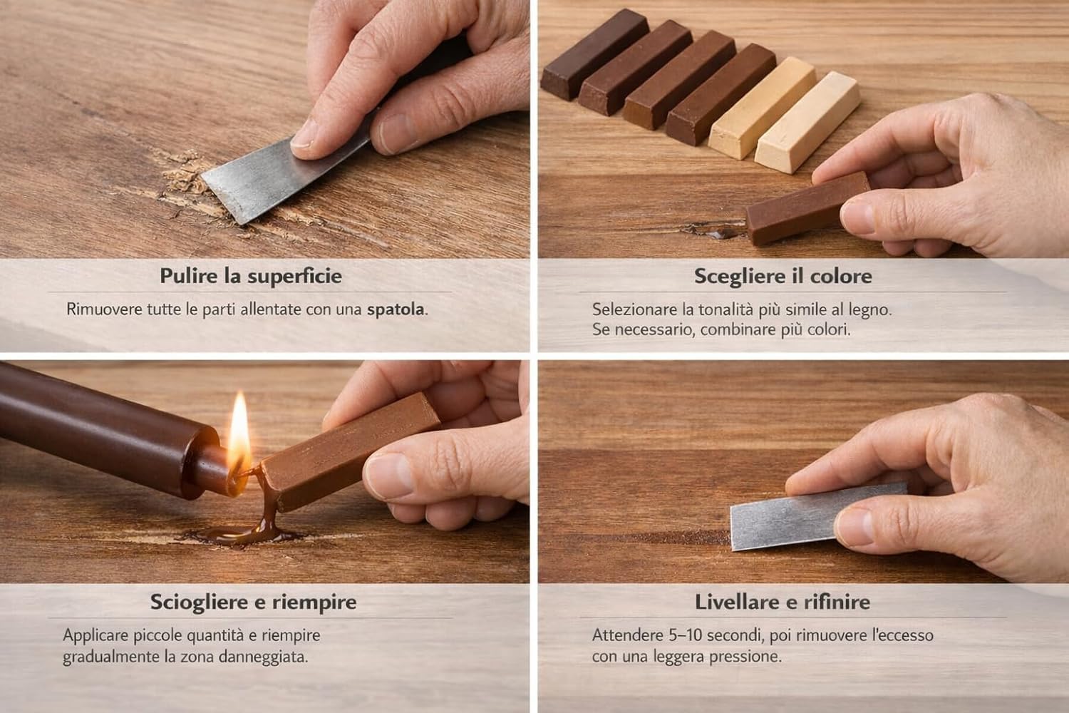 Kit de 4 varillas de cera para retoque de madera – Juego de 4 barras de cera natural para arañazos y surcos de madera – 1 cereza, 1 teca, 1 nuez clara, 1 nuez mediana