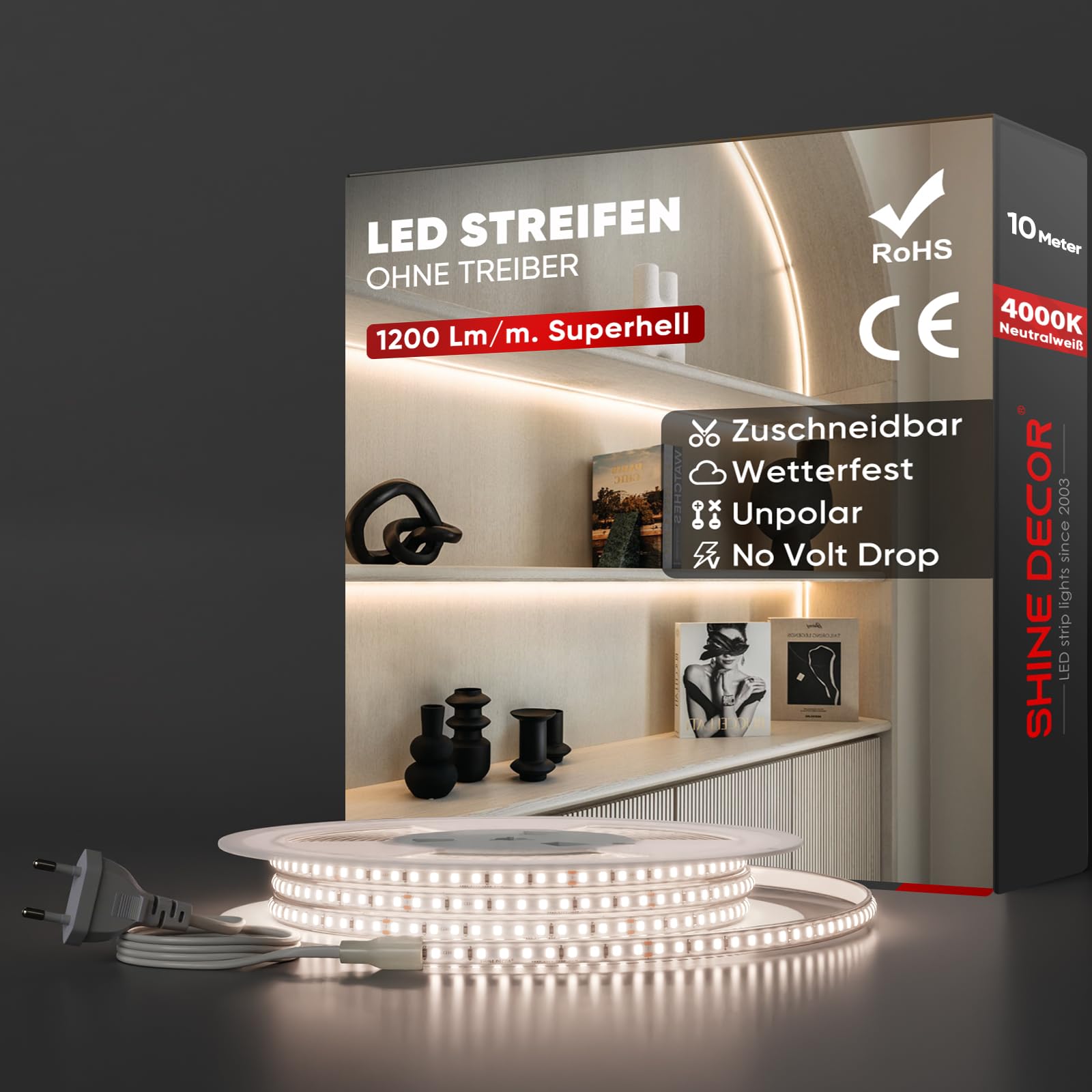 Shine Decor LED Streifen, AC 220V 230V IP65 Wasserdicht LED Band, SMD 2835 120 leds/m Ultrahohe Helligkeit Lichtleiste für Home Decoration Küche Garten LED Beleuchtung