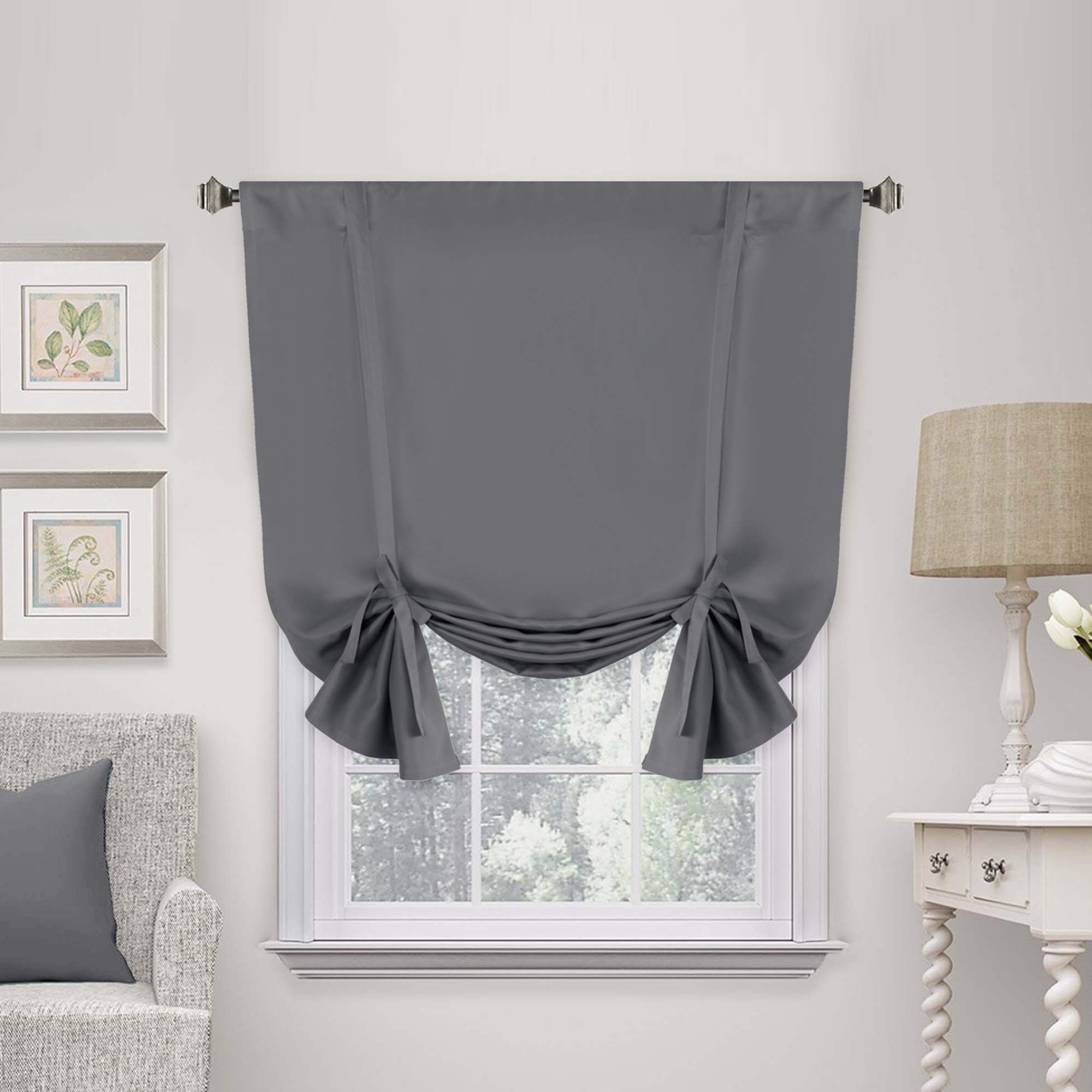 H.VERSAILTEX Blackout Curtain for Windows - Tie Up Curtains and Valances Set Roman Balloon Blind Rod Pocket Short Curtain for Kitchen/Bathroom/Bay Bluish Gray 42W x 63L (Set of 1 Panel)