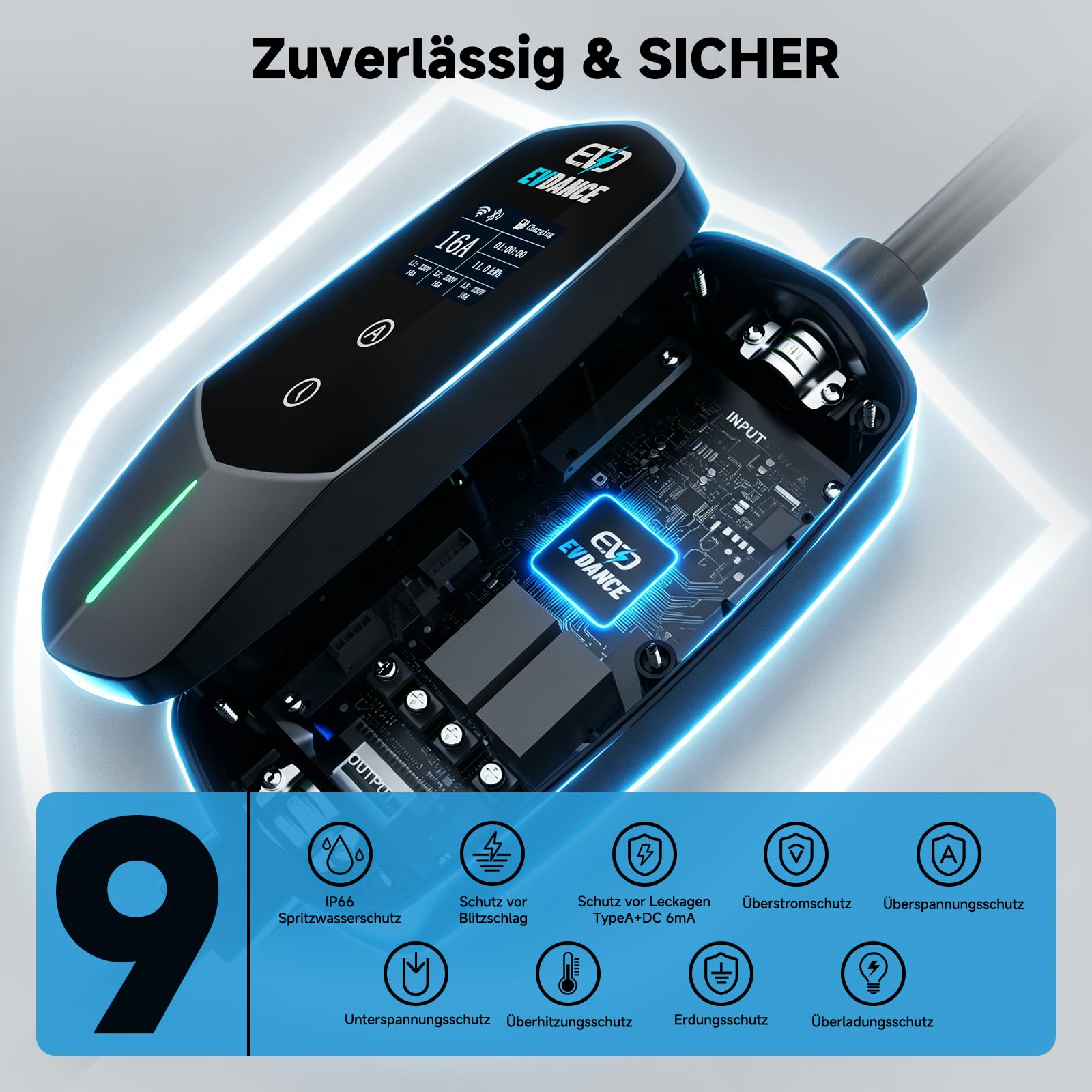 EVDANCE Mobile Wallbox 11kW mit App, 400V (6-16A) 3 phasig 7,8M Mobile Ladestation CEE Typ 2 Ladekabel IP66 mit Einstellbarer Ladeleistung, EV-Charger für Elektroauto & Hybrid(PHEV/EV)