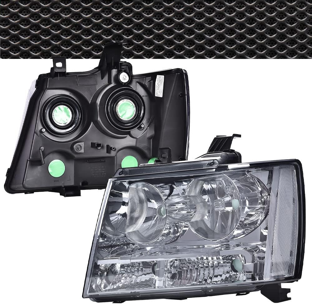 PIT66 Front Headlights Assembly Headlamps Left & Right side Compatible with Chevy Suburban Tahoe 2007-2014 Fit Chevy Avalanche 2007-2013 Smoke lens Chrome Housing Clear Reflector