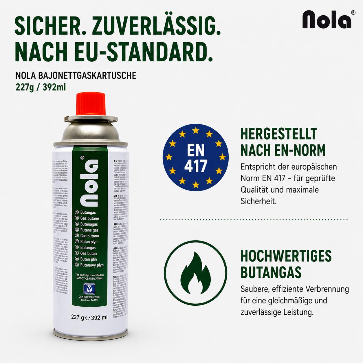 NOLA Lot de 8 cartouches de gaz butane - 227 g - Avec valve (baïonnette) - Cartouches de gaz universelles pour réchaud de camping, chauffage au gaz, désherbeur et appareils d'extérieur - Article 707