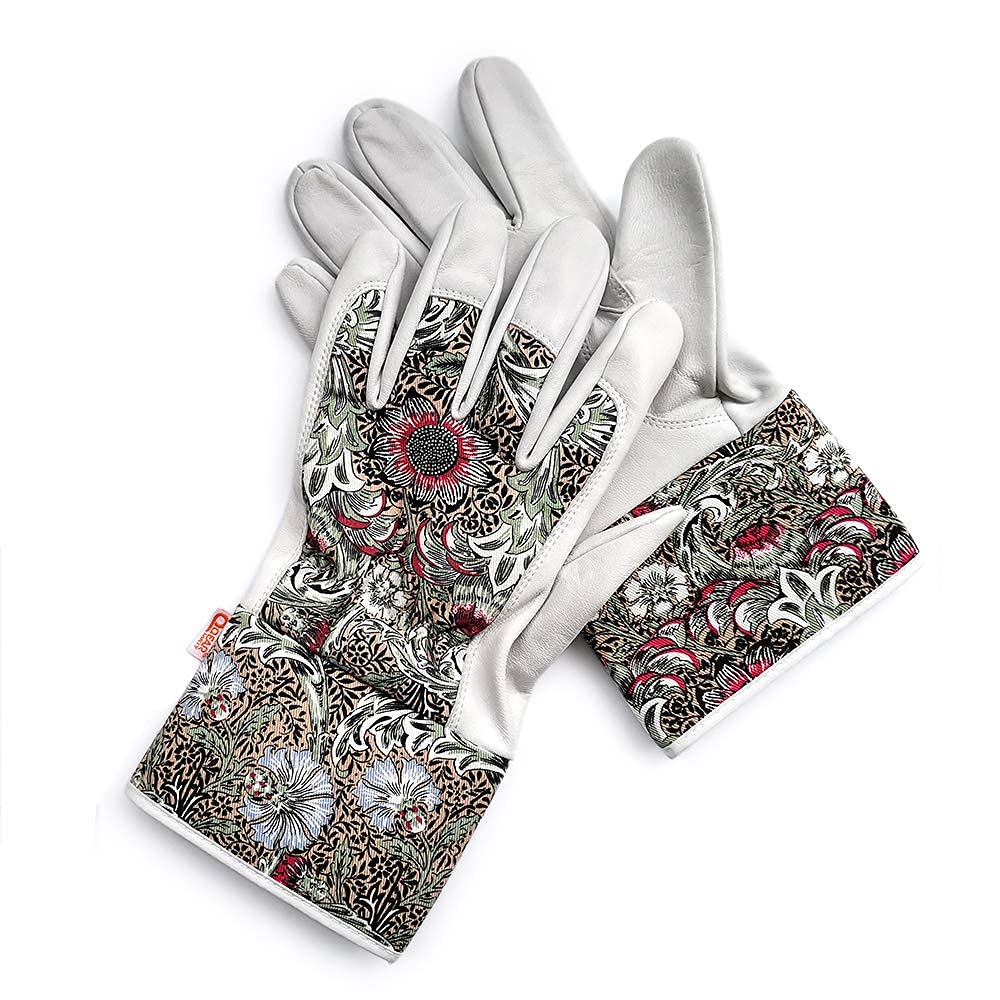 1 par de guantes de trabajo de jardín QEAR Lady, palma de cuero de cabra premium, parte trasera de algodón y puño de seguridad para protección de muñeca y brazo inferior, resistencia a las espinas