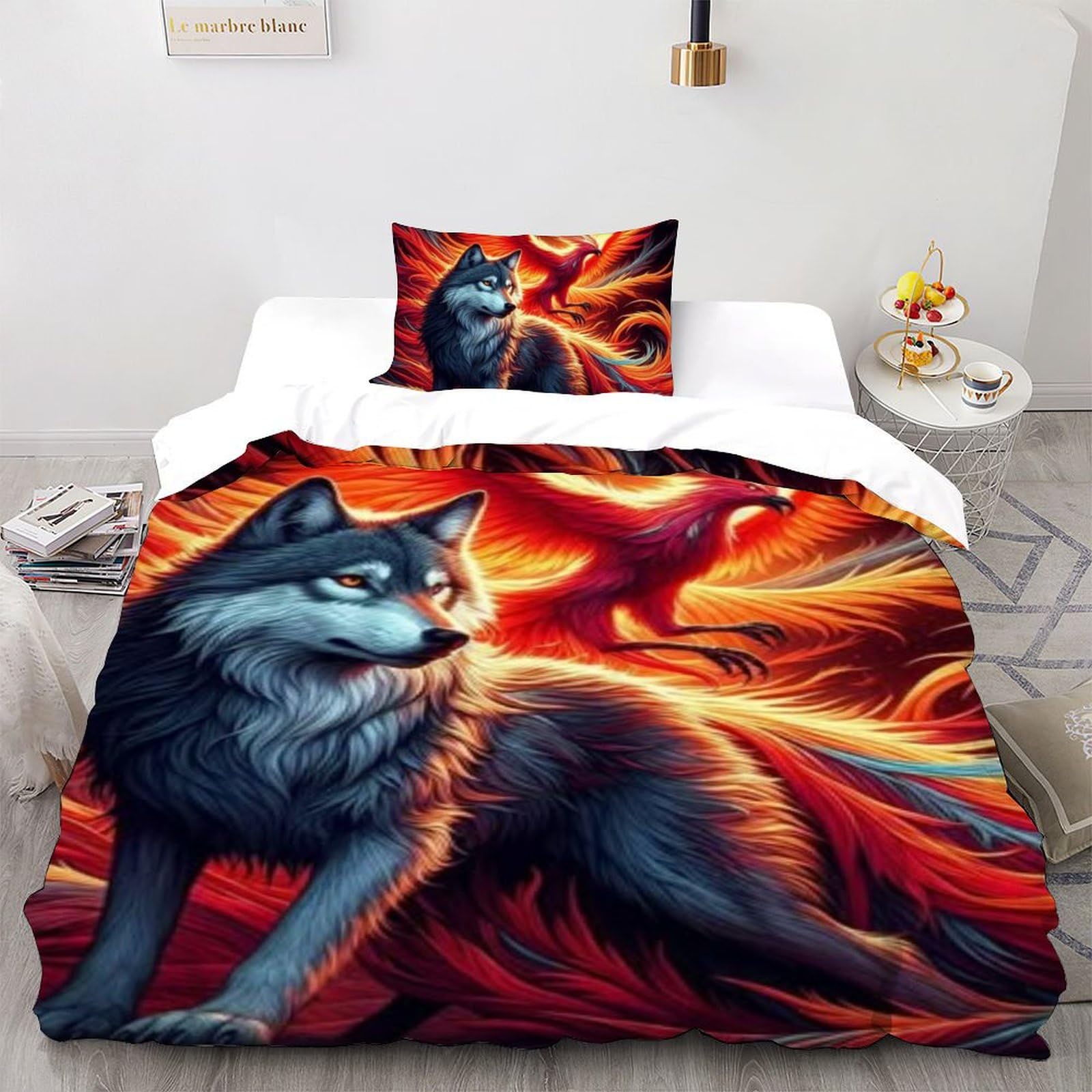 Housse de couette loup 135x200 microfibre imprimé 3D avec sa taie d'oreiller pour lit simple