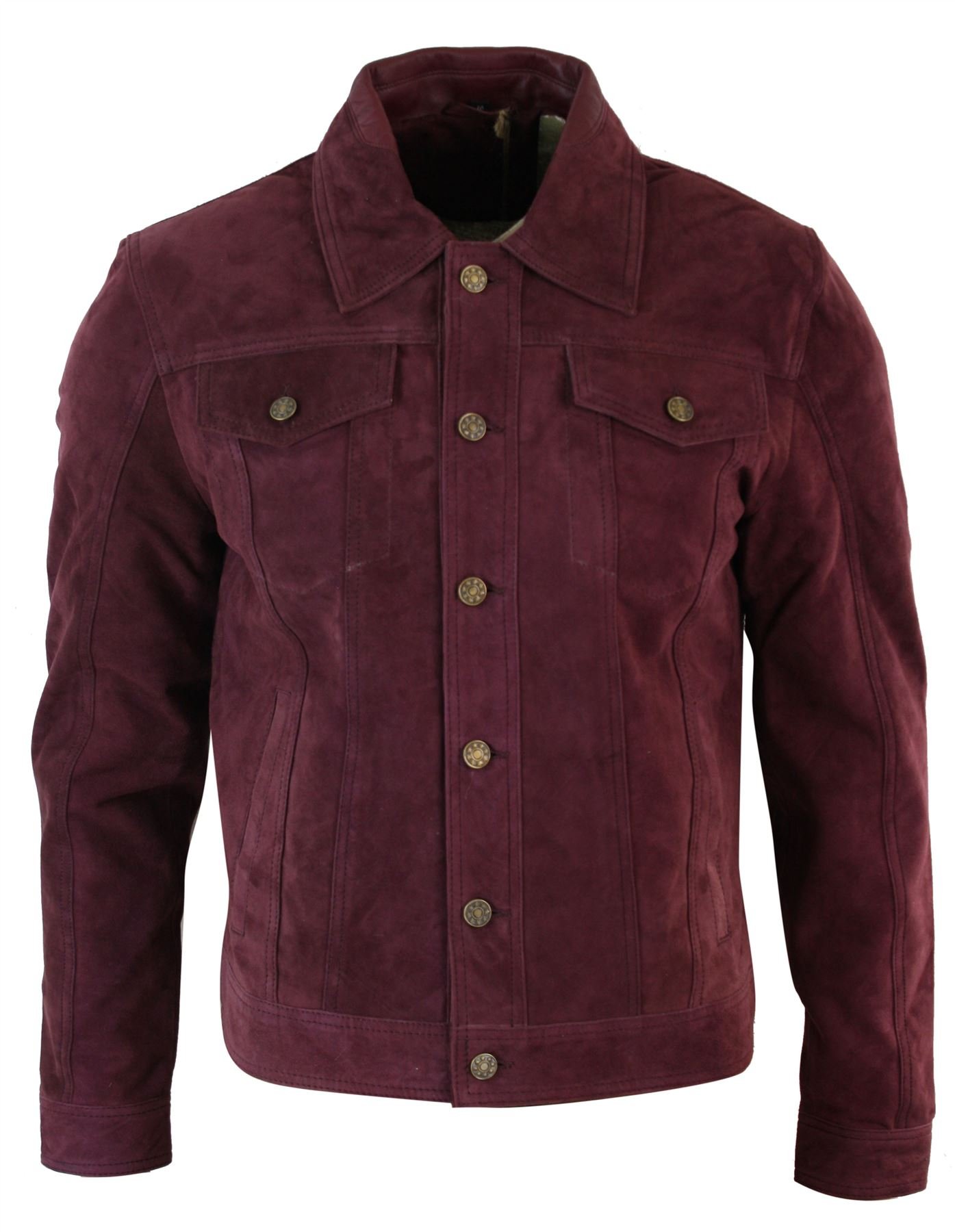 Infinity Leather Men's Burgundy Vintage Short Denim Style Retro Real Suede Leather Jean Jacket Casual Wine Green