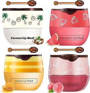 4 PCS Bee Lip Balm Honey Pot, Honey Coconut Watermelon Peach Sleeping Lip Mask Overnight with Sticks, Exfoliating Prevention Dry and Crack Lip Scrubs