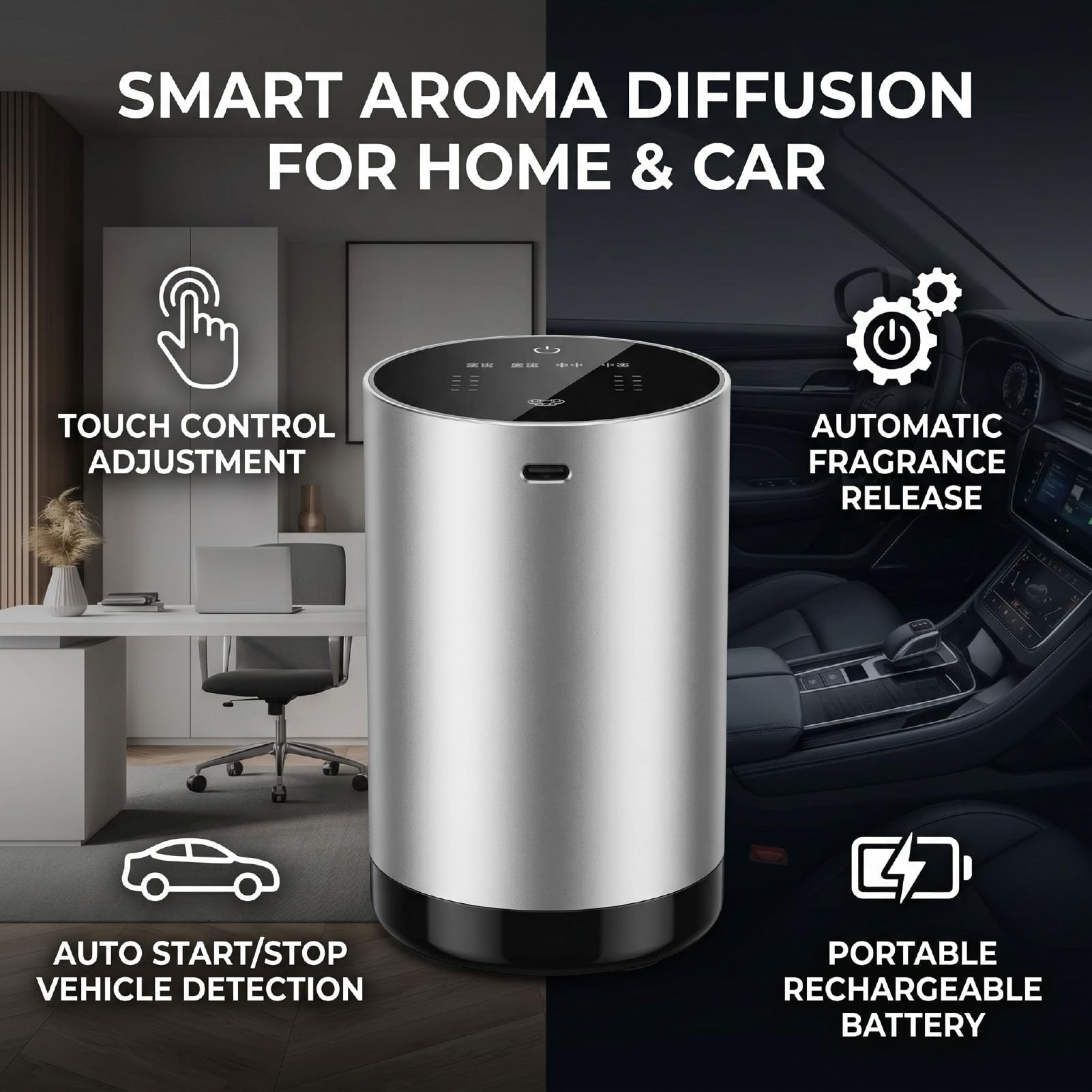 Naroote Difusor de Aceites Esenciales, Difusor Automático de Sobremesa de Aleación de Aluminio con Control Táctil, Funcionamiento Silencioso, para la Oficina, el Dormitorio