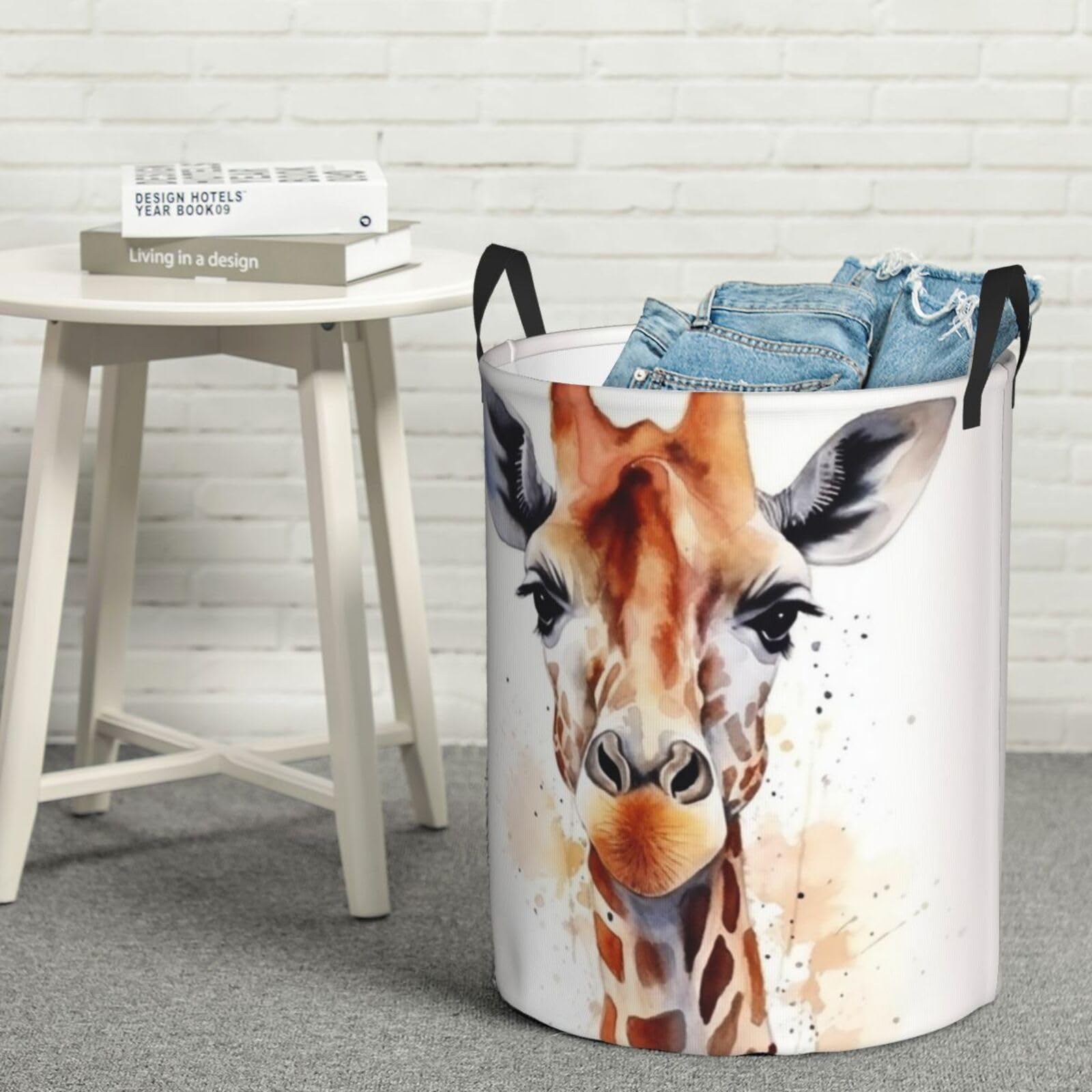 Fodpand Black Stylish Animal Watercolor Giraffe Laundry Basket With Handle, Freestanding Laundry Hamper, Collapsible Dirty Clothes Hamper, Blanket Storage Basket Tall Toy Storage Bin Room Decor Small