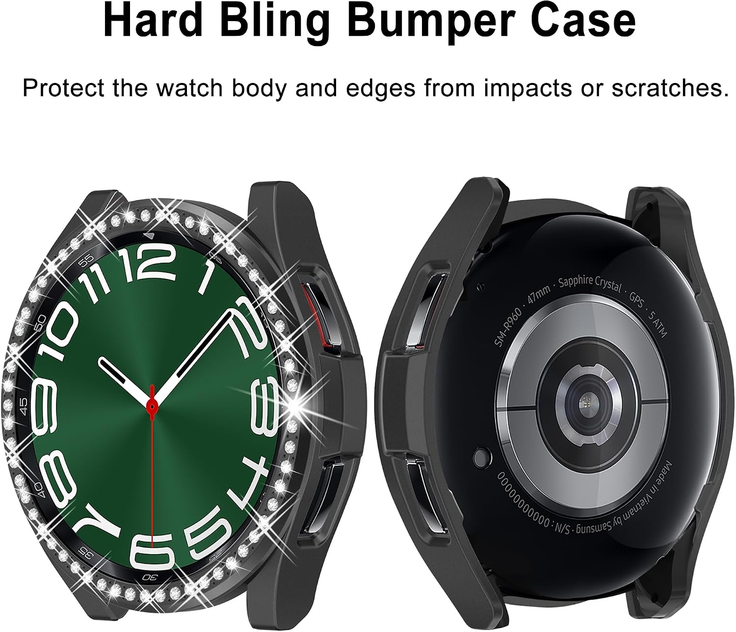 2 in 1 Watch Bling Case for Samsung Galaxy Watch 6 Classic 47mm, PC Protective Bumper Cover, Glitter Rhinestone Bezel Ring, Black (Glass Film Not Included)