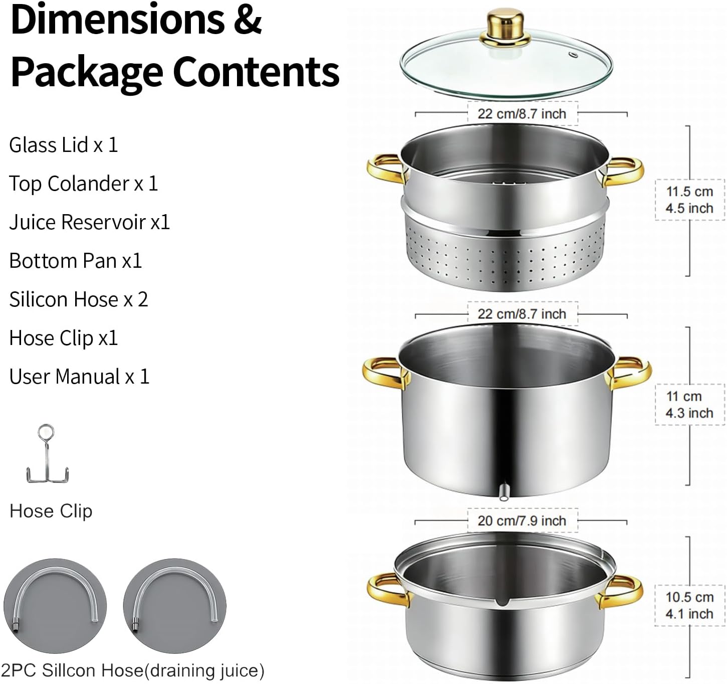 Steam Juicer Extractor Stainless Steel, 5Qt Juice Steamer Pot for Fruit & Vegetables with Glass Lid, Hose, Clamp, Loop Handles, Ideal for Making Fresh Juice, Jelly, and Sauces