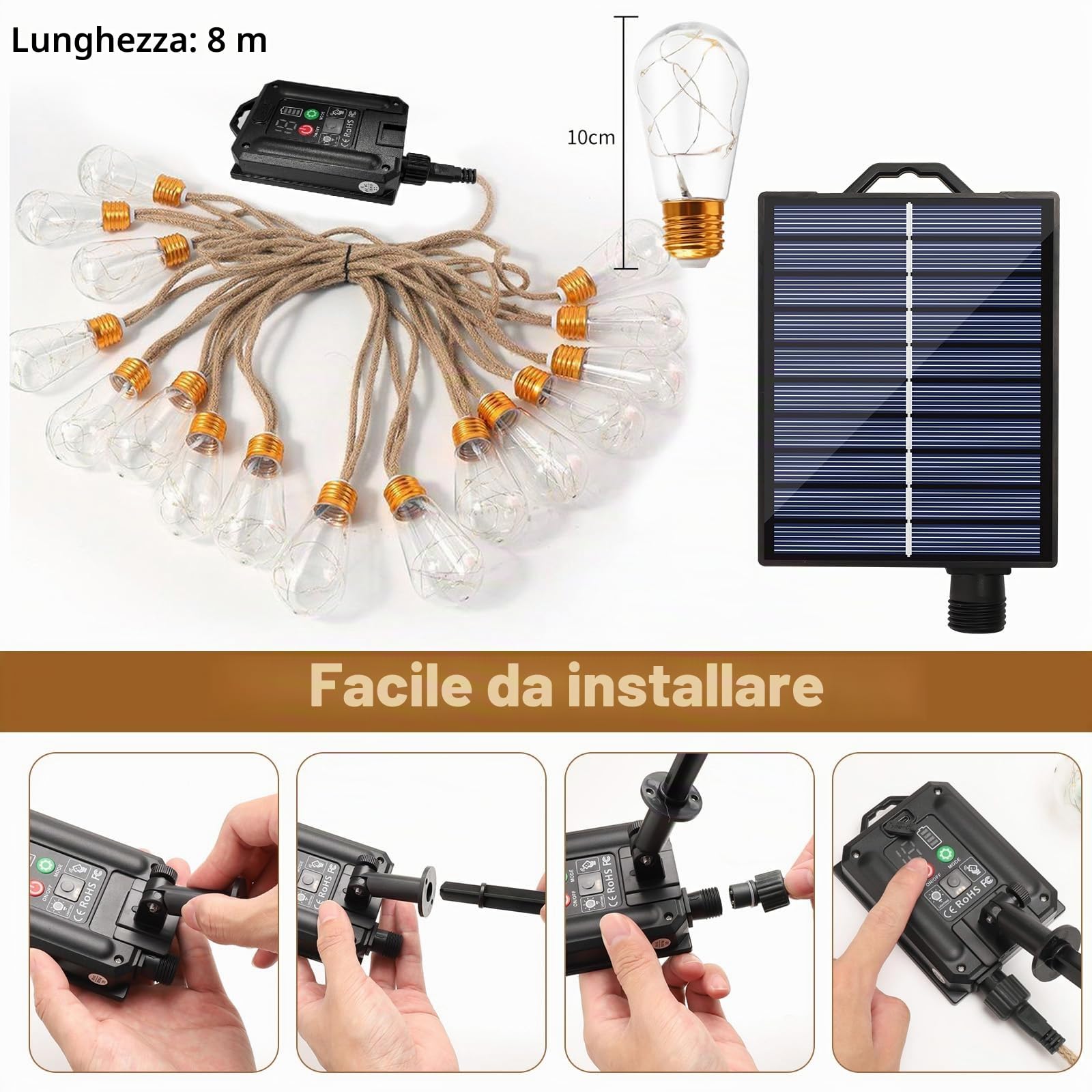 2 luci solari per esterni, 16 m, 32 lampadine, 8 modalità, catena di luci solari per esterni, impermeabile, IP65, per giardino, terrazza, balcone, matrimonio, bianco caldo