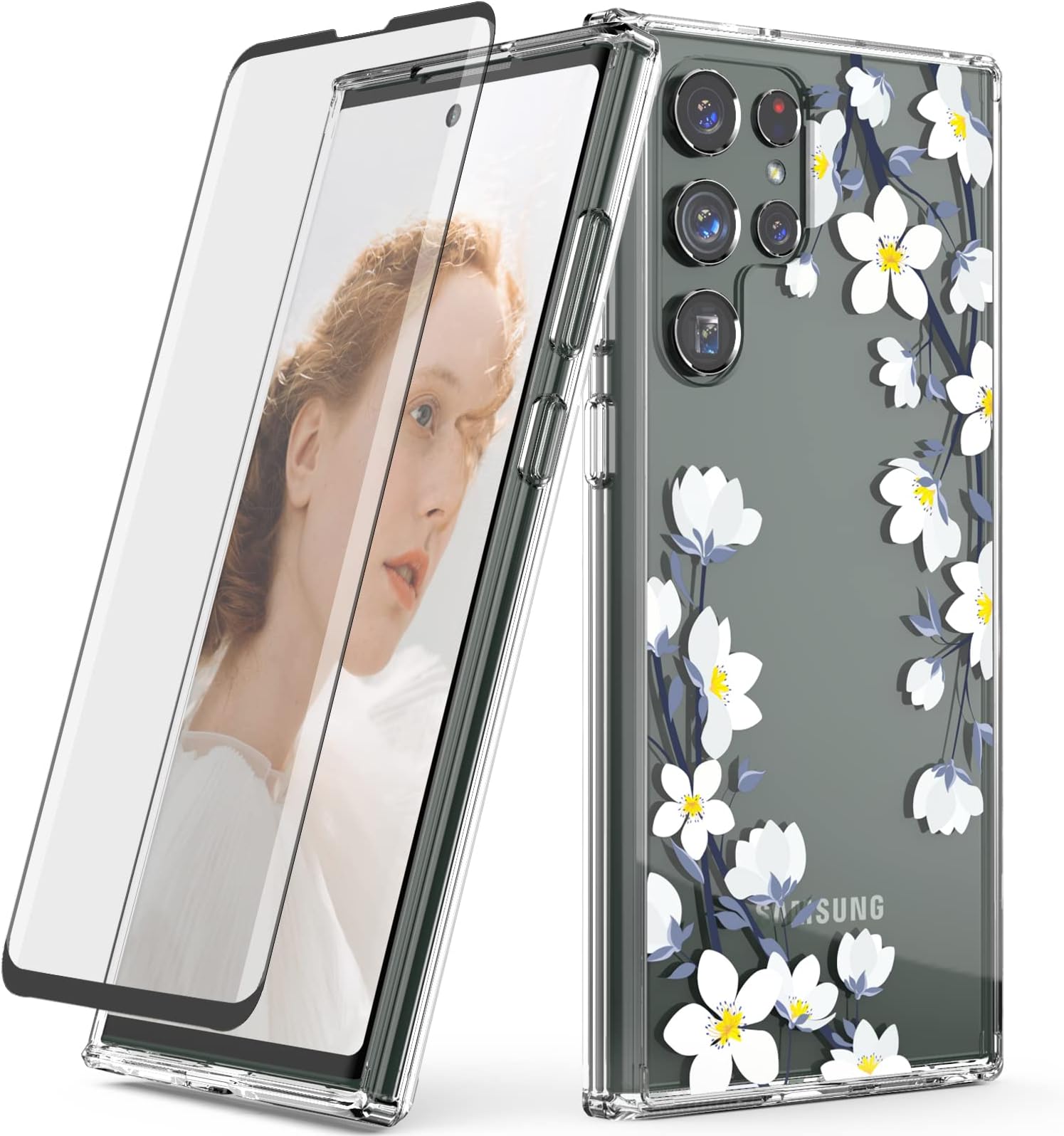 DagoRoo for Galaxy S22 Ultra case with HD Screen Protector, Samsung Galaxy S22 Ultra Crystal Clear Flower Pattern Case, Slim Shockproof Soft TPU + PC Full Body Cover for Girls Women (Ewha/Blue)