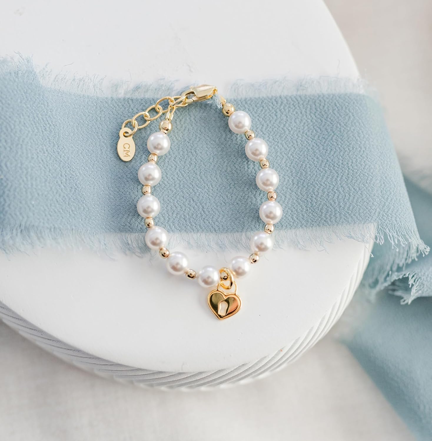 Cherished Moments 14K Gold Plated Children's Bracelet with Simulated Pearls and Heart Locket for Babies, Toddlers and Little Girls - Image 3