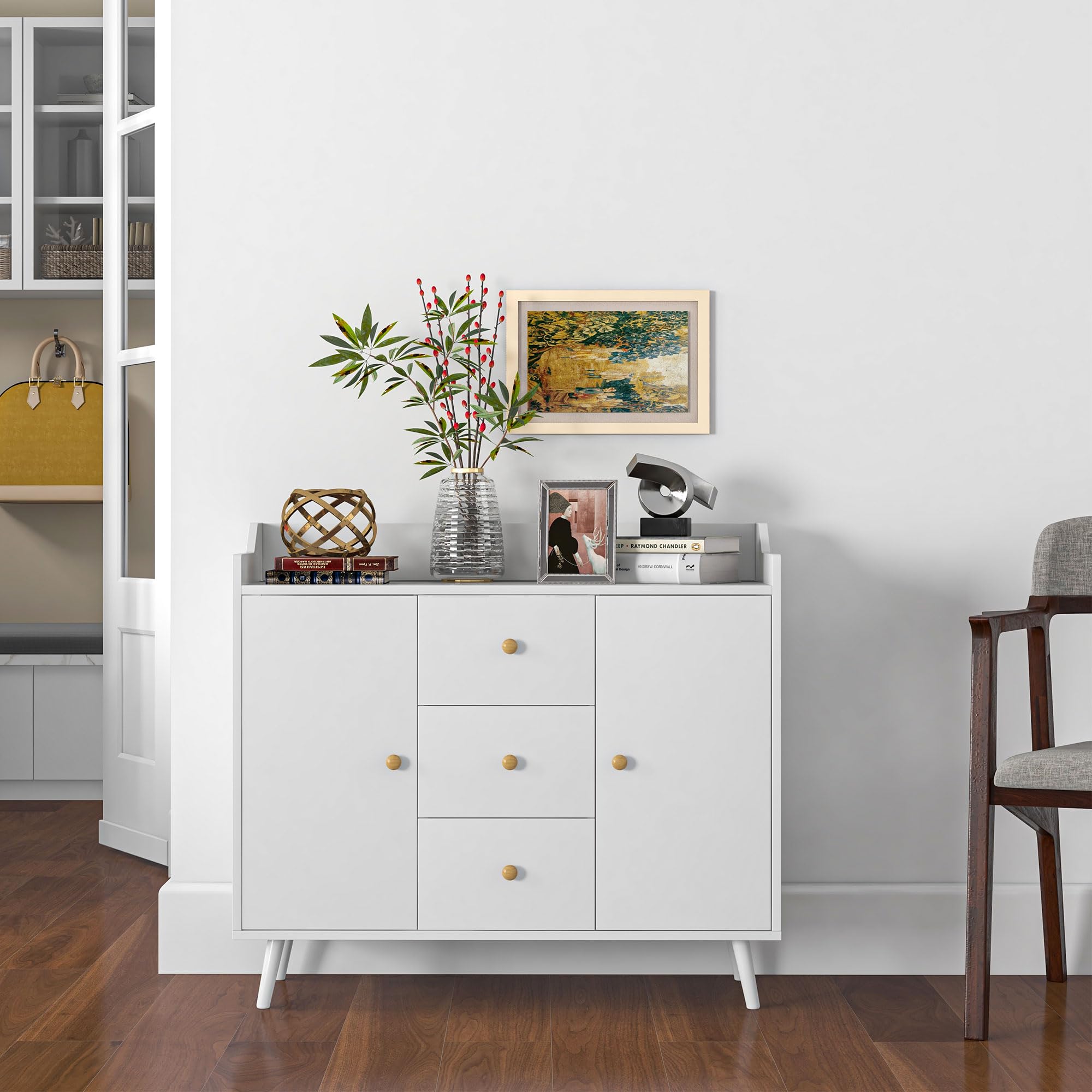HOMCOM Aparador de Salón Moderno, Aparador de Cocina 90x32x80 cm Blanco | 2 Puertas, 3 Cajones, Patas de Madera de Pino, para Entrada Comedor Pasillo Dormitorio