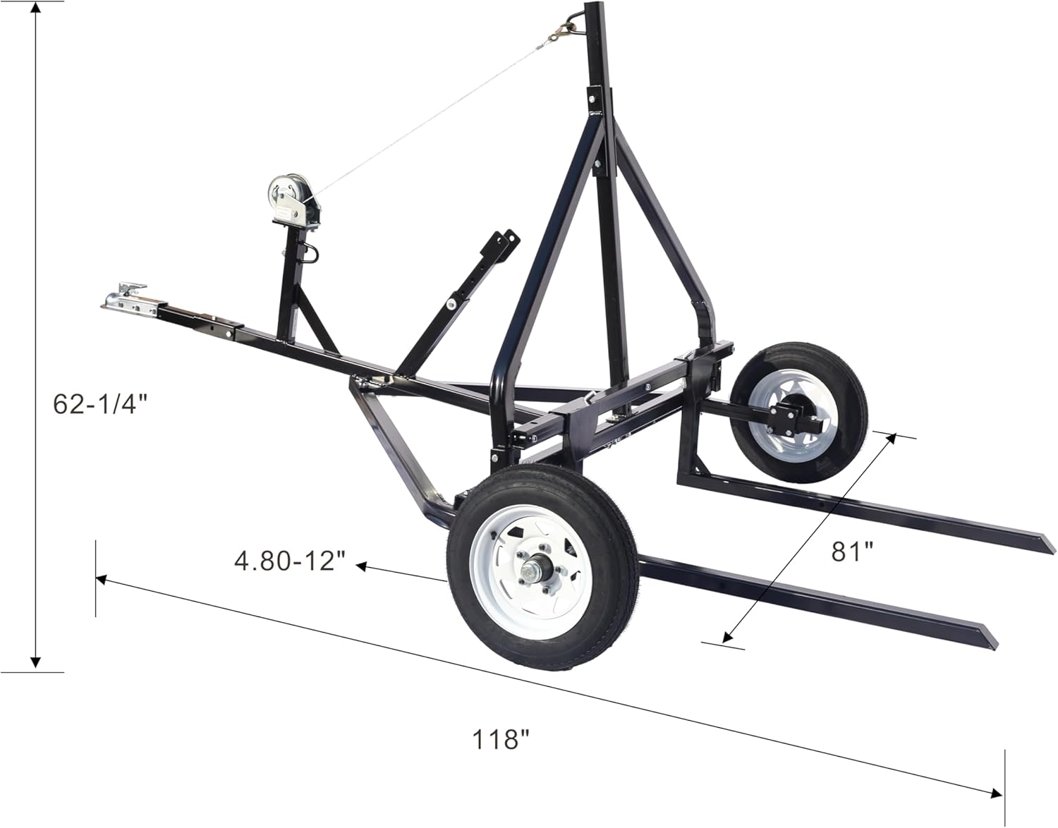 Adjustable Bale Mover, 1500 lb Capacity ATV UTV Truck Universal Round Hay Bale Hauler Trailer with Manual Winch, 4.80-12 Tubeless Tires, Heavy Duty Steel Frame, Black
