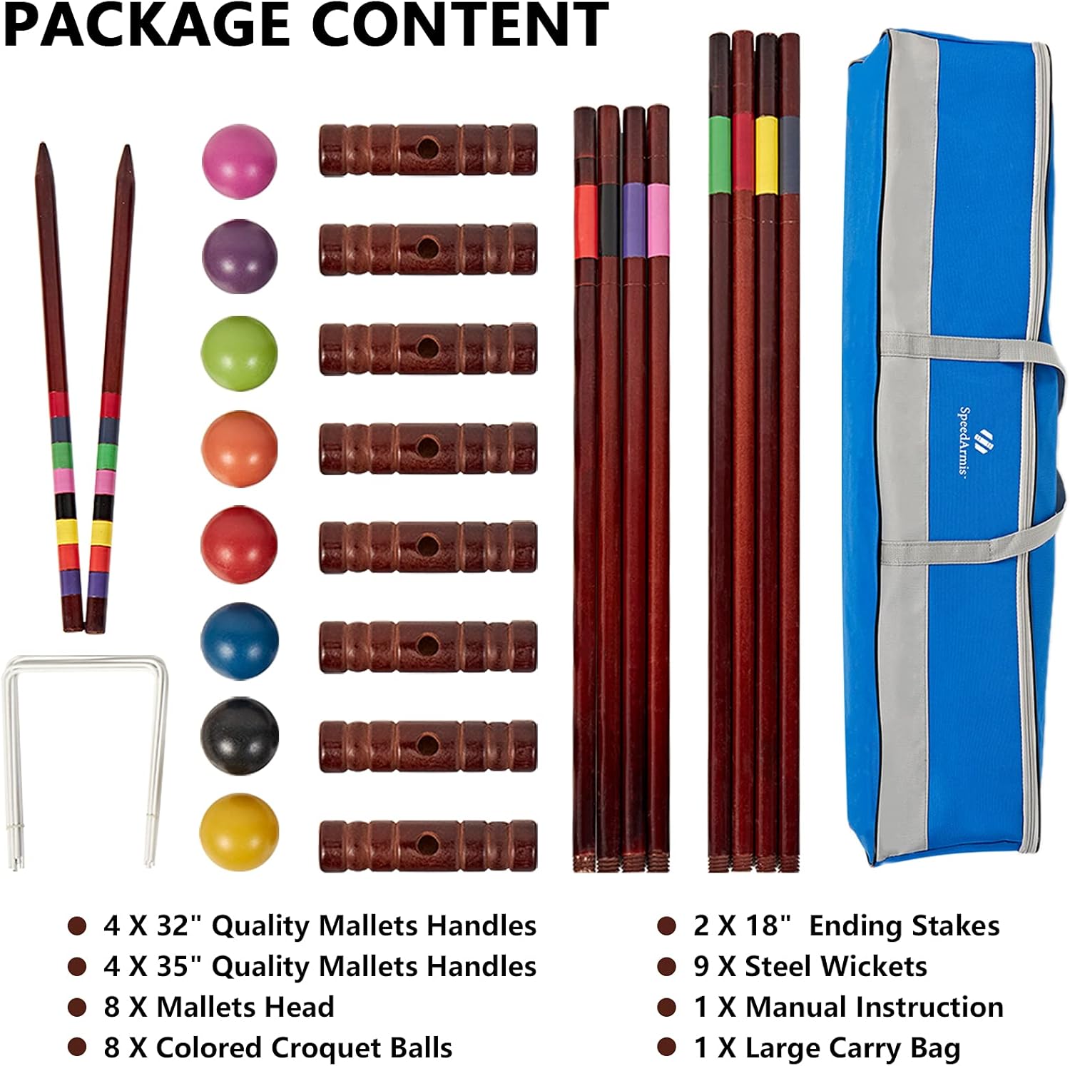 SpeedArmis 8 Players Deluxe Croquet Set with 35In Deluxe | 32In Regulation Size Rubber Wood Mallets, Colored PE Ball, Wickets, 24In End Stakes - Lawn Backyard Game Set for Teens/Adults/Family : Sports & Outdoors