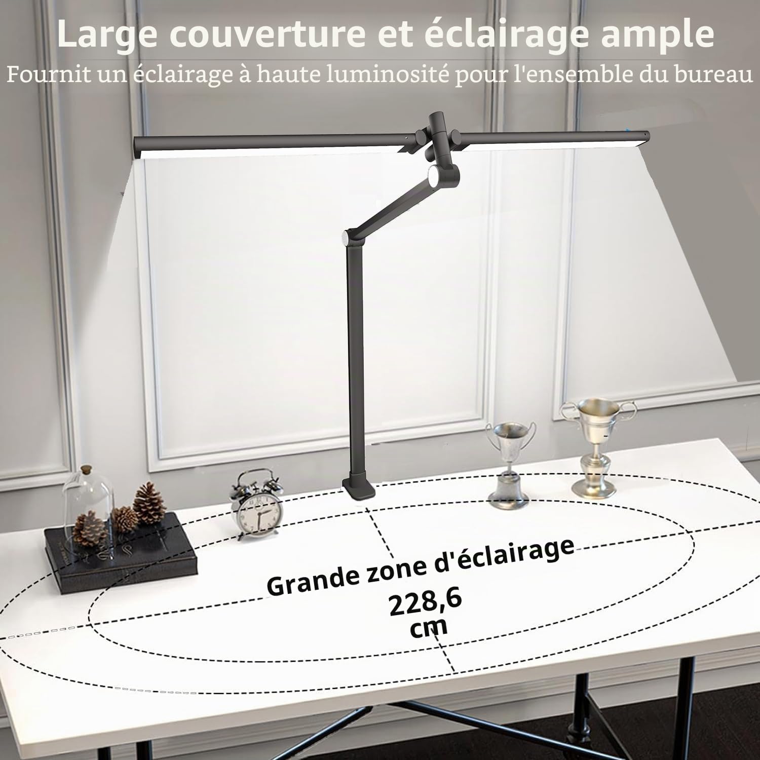 Lampe bureau LED 24W 84cm Double Bras Pince pour Ecran luminosité réglable | lampe bureau puissante Éclairage ultra-large, 5 Luminosité, 5 Températures de Couleur, bras flexible pour gamer/bureau/screen