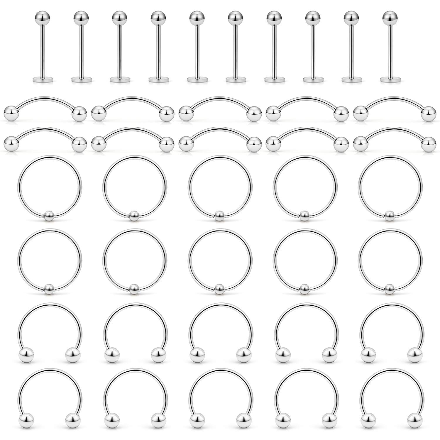 Ftovosyo20G 40PCS Labret Lip Rings Nose Hoops Horseshoe Barbell Eyebrow Studs Septum Tragus Cartilage 316 Surgical Steel Jewelry Piercing Kit BCR CBR, Metal