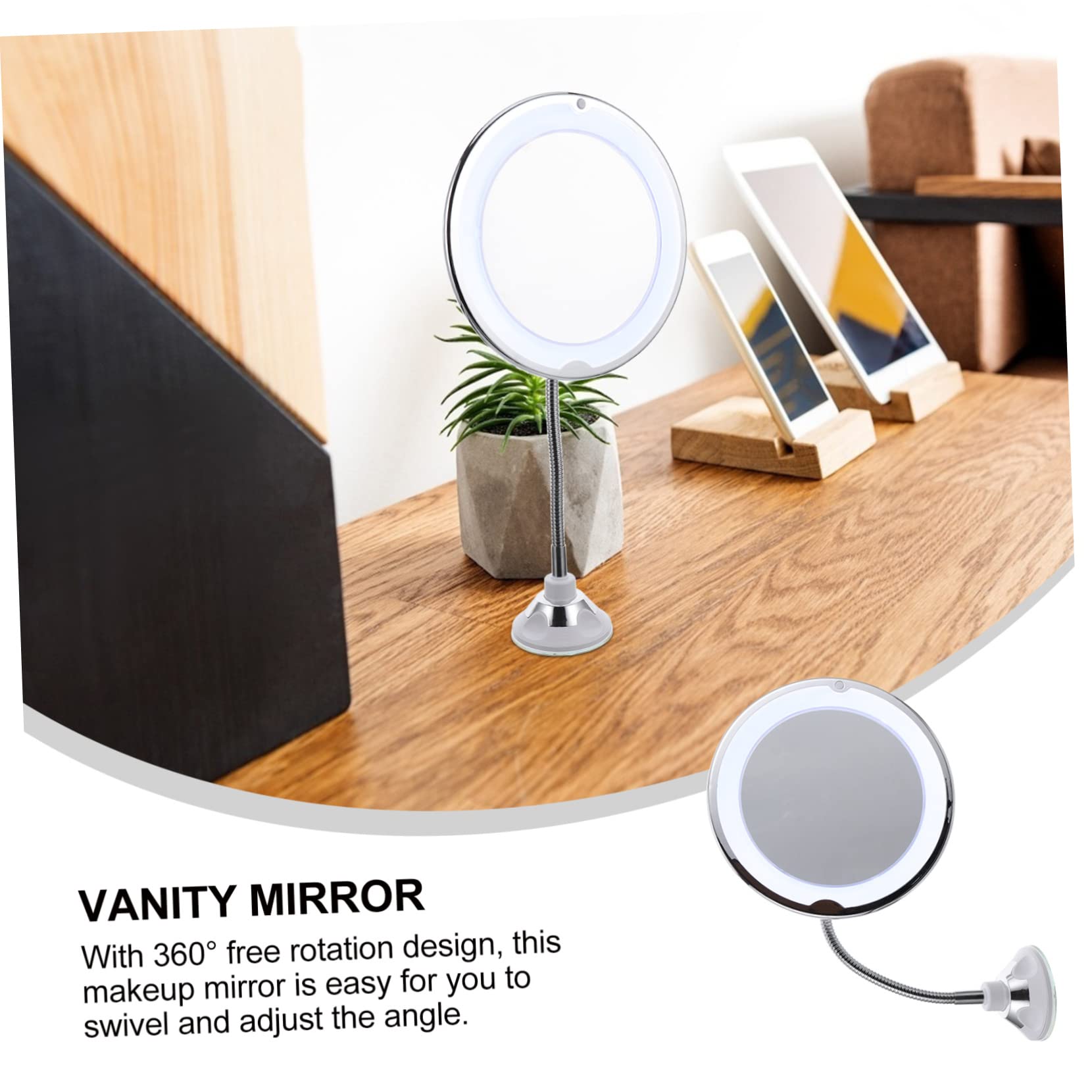 Specchio da Trucco LED 10x con Ventosa, Rotazione 360° | Argento, Plastica e Superficie Specchiante, Angolo Regolabile, per Bagno e Zone Poco Illuminate