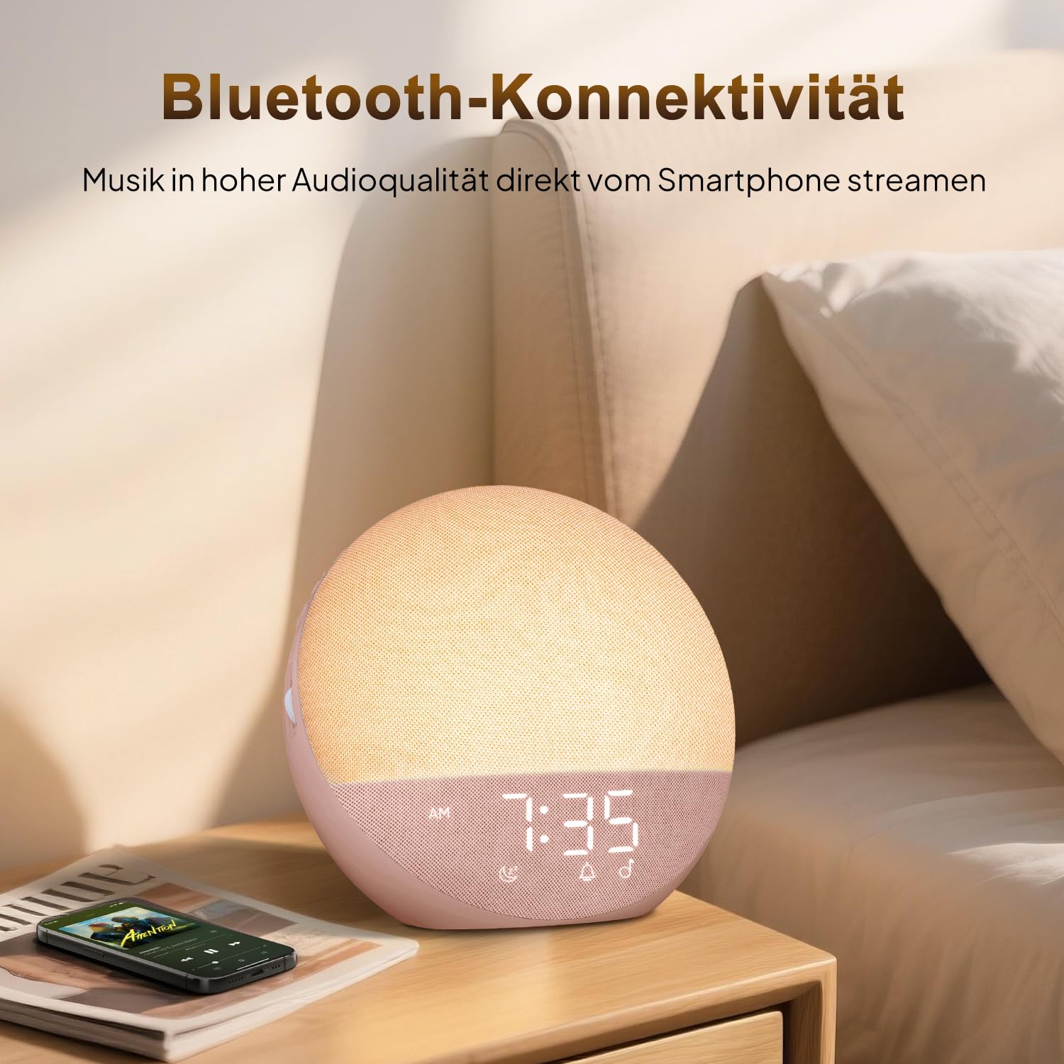 Sveglia con luce diurna, bianco rumore, con Bluetooth, 25 suoni naturali con timer, luce notturna RGB per camera da letto (rosa ciliegio)