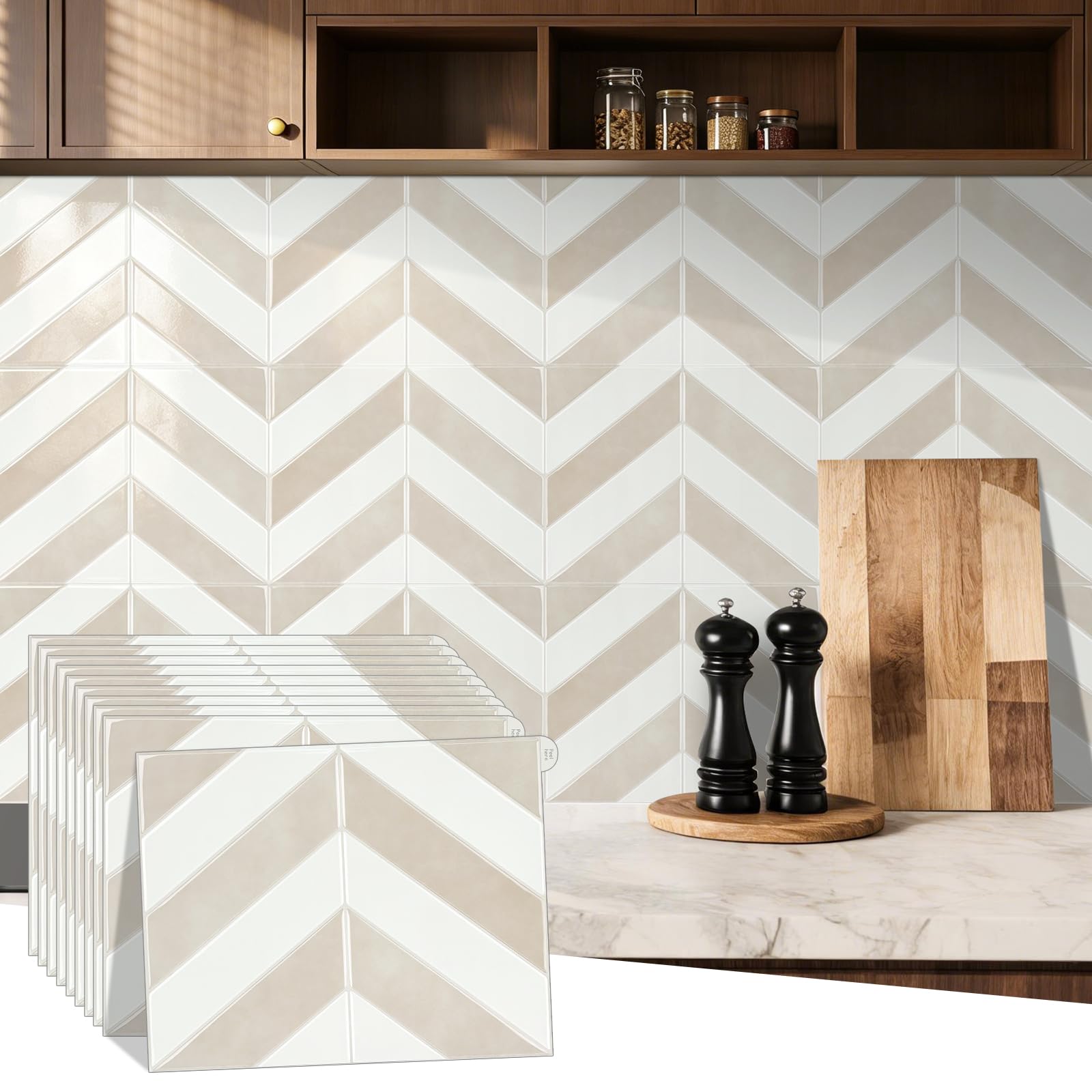 Stick on Tiles Kitchen Peel and Stick Backsplash Tiles, Herringbone Self Adhesive Wall Tile for Kitchen and Bathroom 10Sheets/Pack