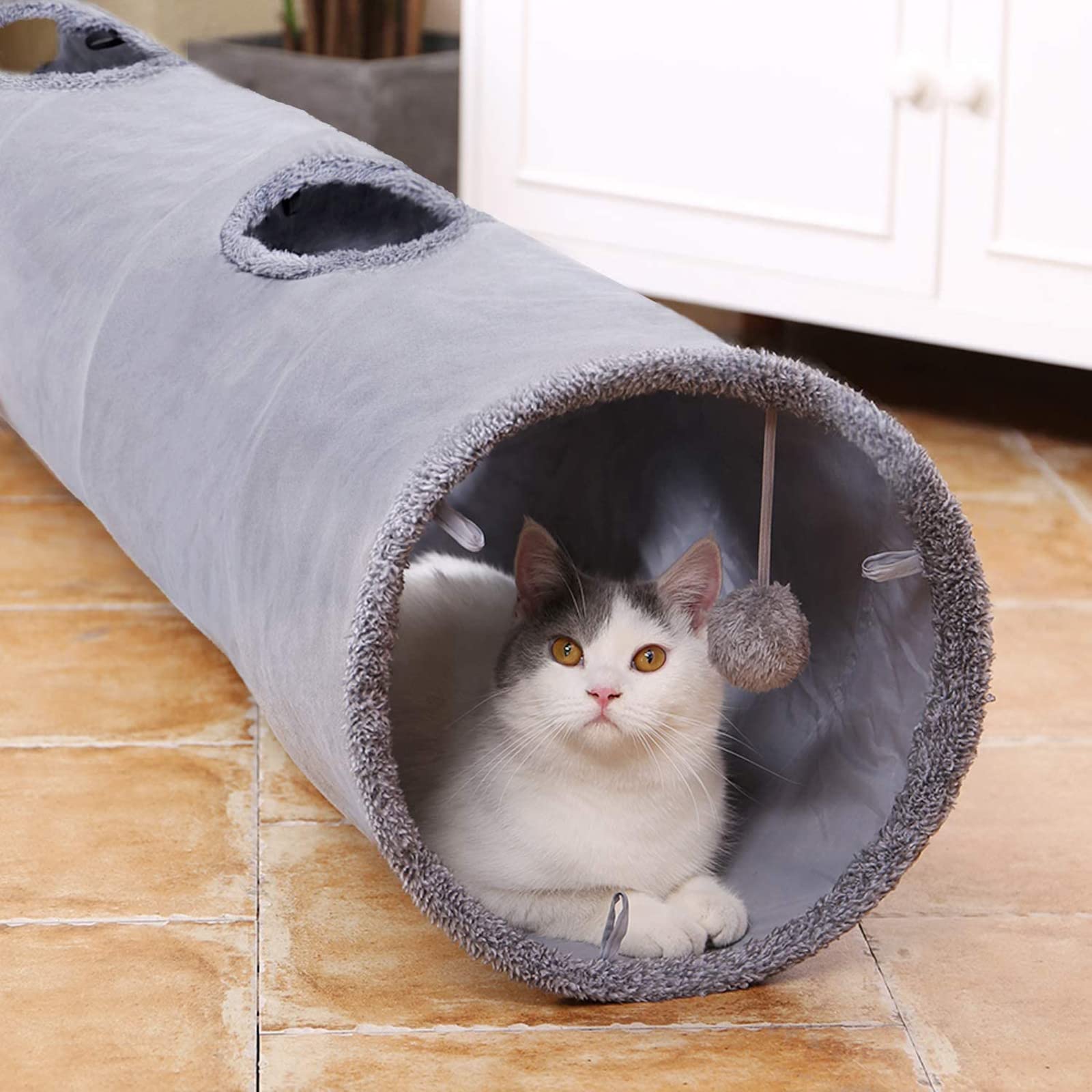 Túnel de Juguete para Gatos, Juguete Plegable Túnel de Gato, Túnel para Mascotas, con 2 Agujeros y Bola Suspendida (Dia30 * 1307 cm)