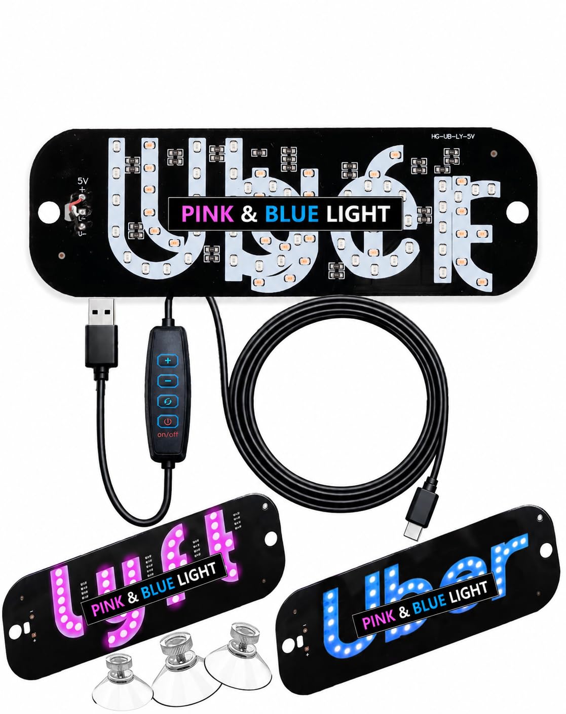 led light sign for car, taxi windshield light sign, usb car led display with suction cups, taxi indicator lights, usb plug, dual-color conversion, improve night visibility (typea-pink+blue)