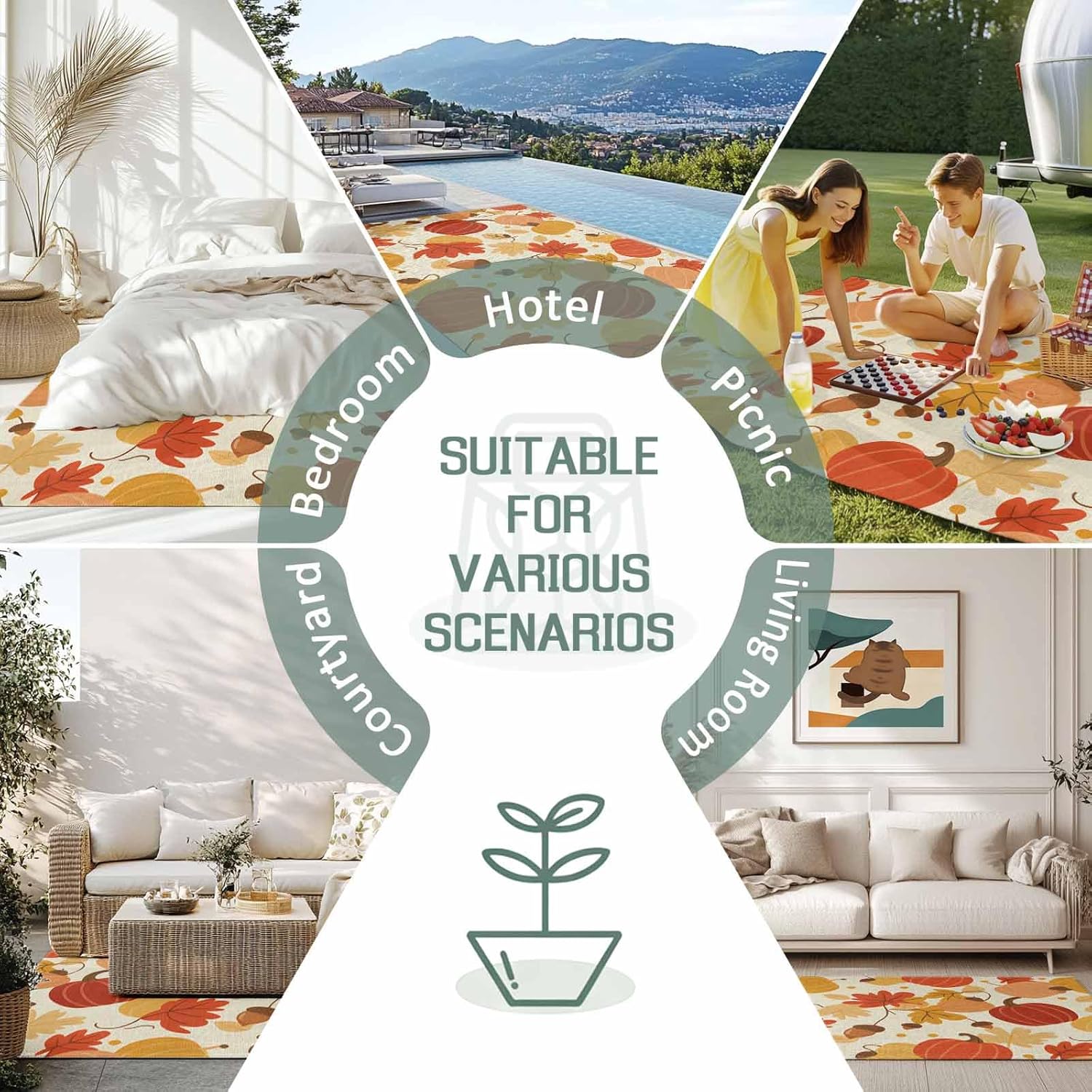 5x8 feet Outdoor Area Rug Non-Slip Carpet, Thanksgiving Fall Maple Leaf and Pumpkin Farmhouse Country Vintage Absorbent Mat Low Pile Rugs for Patio, Backyard, Deck, Picnic, Beach, Camping