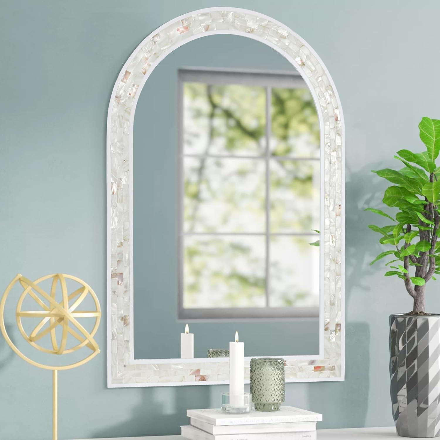 Tanmicoshomy 24x36 Arched Mother-of-Pearl Mosaic Wall Mirror - Handcrafted Shell Frame for Bathroom, Bedroom Decor