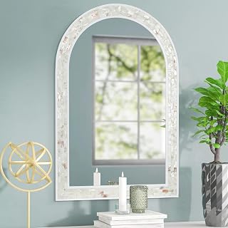 Tanmicoshomy 24x36 Arched Mother-of-Pearl Mosaic Wall Mirror - Handcrafted Shell Frame for Bathroom, Bedroom Decor