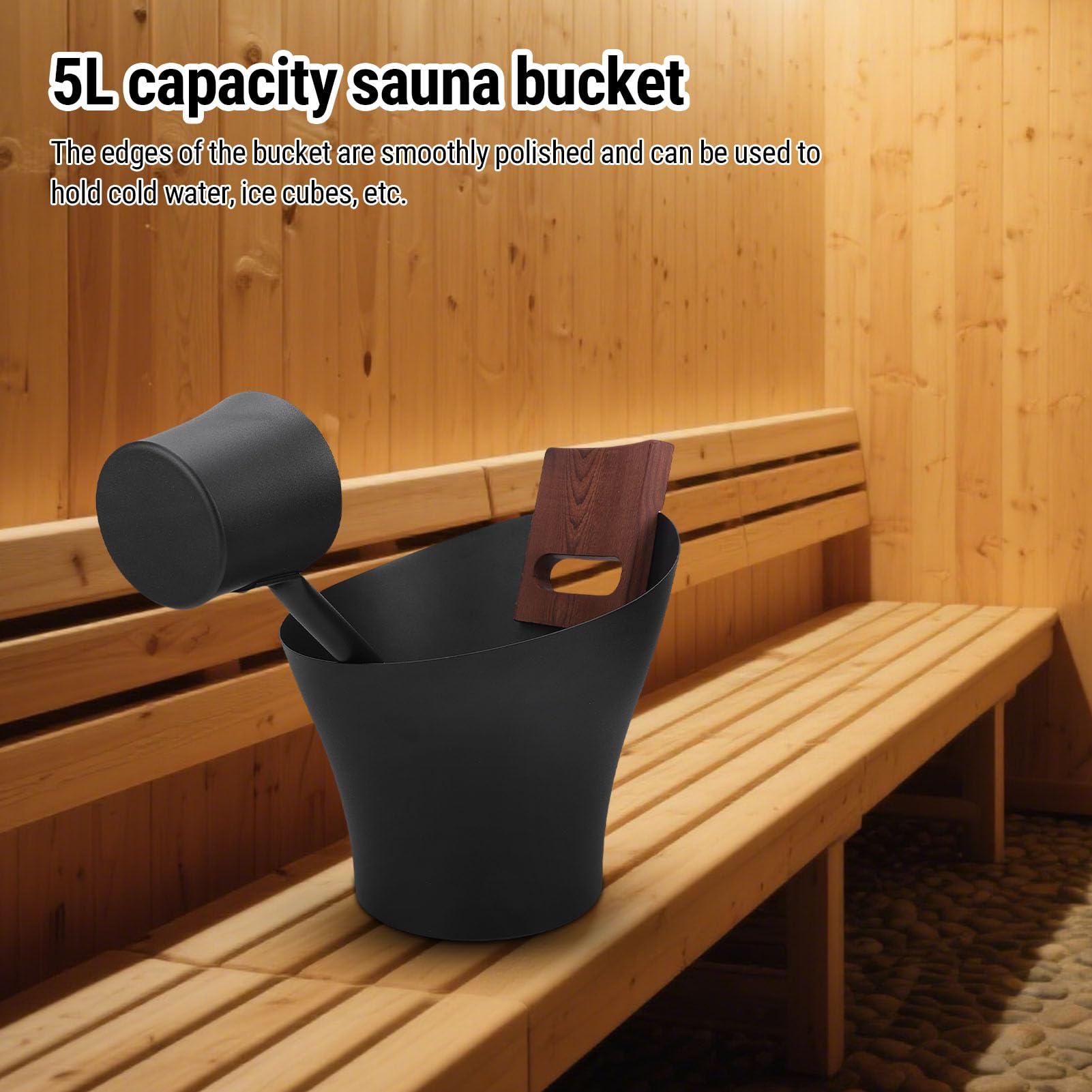 SIXRUN 5L Aluminiumowe Wiadro do Sauny, Długi Drewniany Czerpak, Zestaw Akcesoriów do Sauny z Zaokrąglonymi Krawędziami Domowego SPA, na Gorące źródła na Zewnątrz