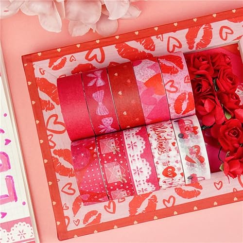 Miniatura 4 de Zellykool Juego de 20 rollos de cinta washi para el día de San Valentín, diseño de corazón rojo, rosa, dulce, cinta adhesiva decorativa para