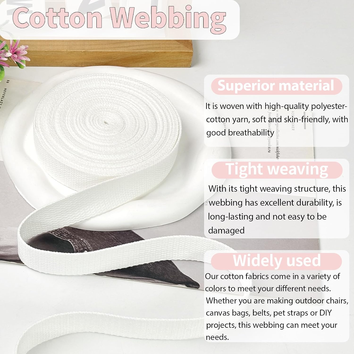 White Cotton Webbing 1in x 10Yards | Sturdy cotton webbing holds bag weight. Easy to cut & sew, no fraying. Great for purse straps, belts, DIY, tote handles