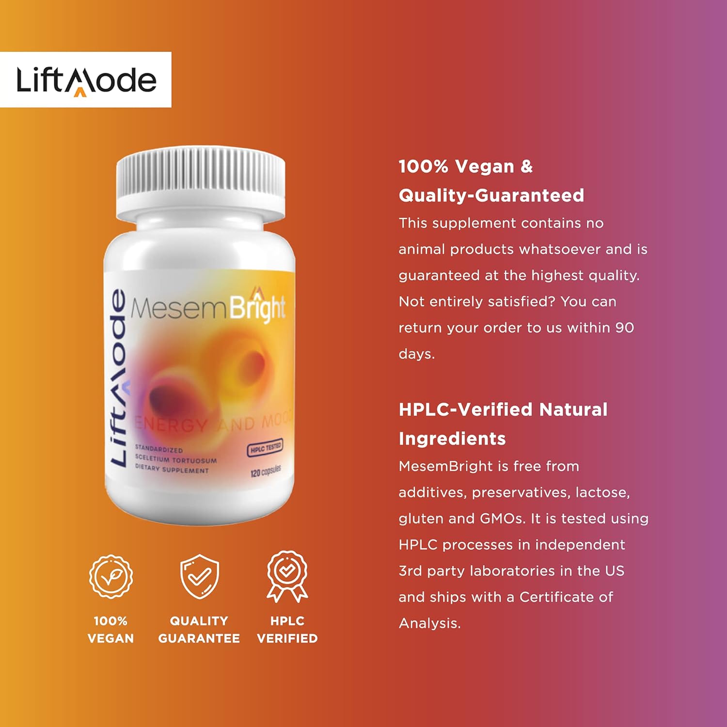 LiftMode MesemBright 120 Capsules – Feel Good Mood Support, Stress Relief, Natural Energy - 30mg of standardized Sceletium Tortuosum Extract - Selected for Mesembrine and Mesembrenone : Health & Household