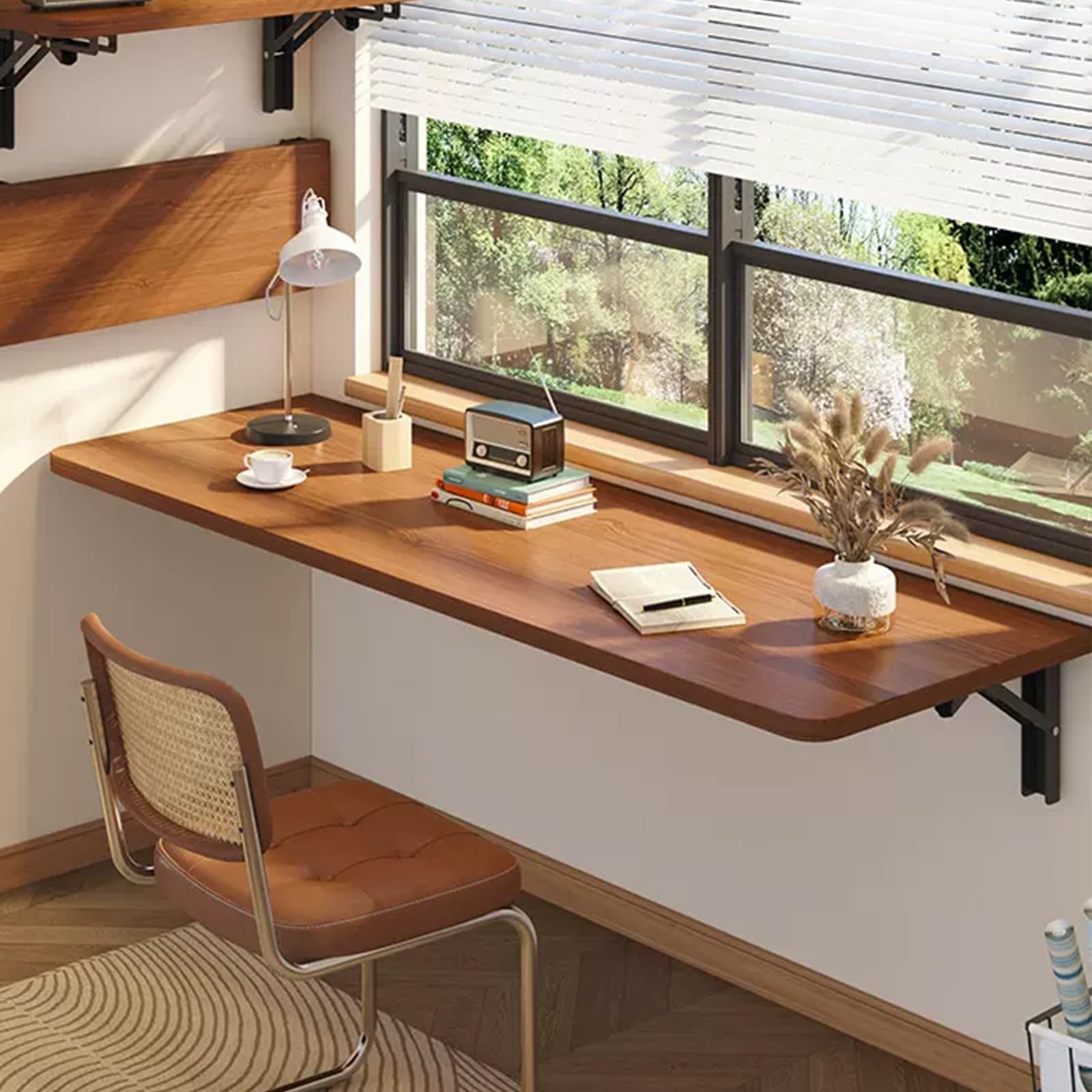 GDMDPTE Wall Mounted Folding Table Space-Saving Drop Leaf Table Wall-Mount Foldable Design for Small Spaces Compact Brown Wall Table (80x30cm)