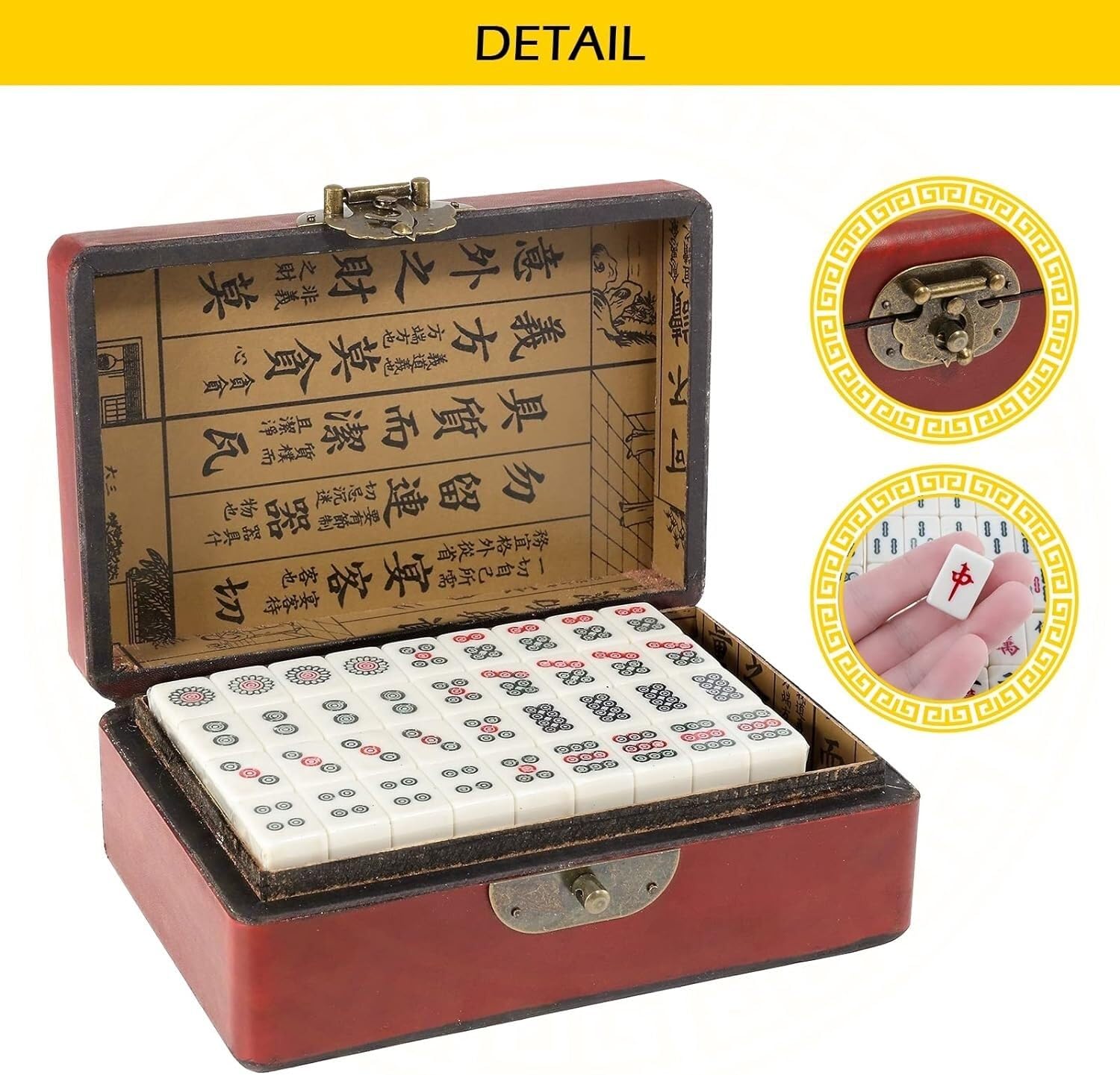 Mini chiński zestaw Majong Solidna gra MahJong 144 szt. Zestaw płytek Mahjong 2 szt. Kości i skórzany futerał do przenoszenia(6.7''X6.5''X4.3'')