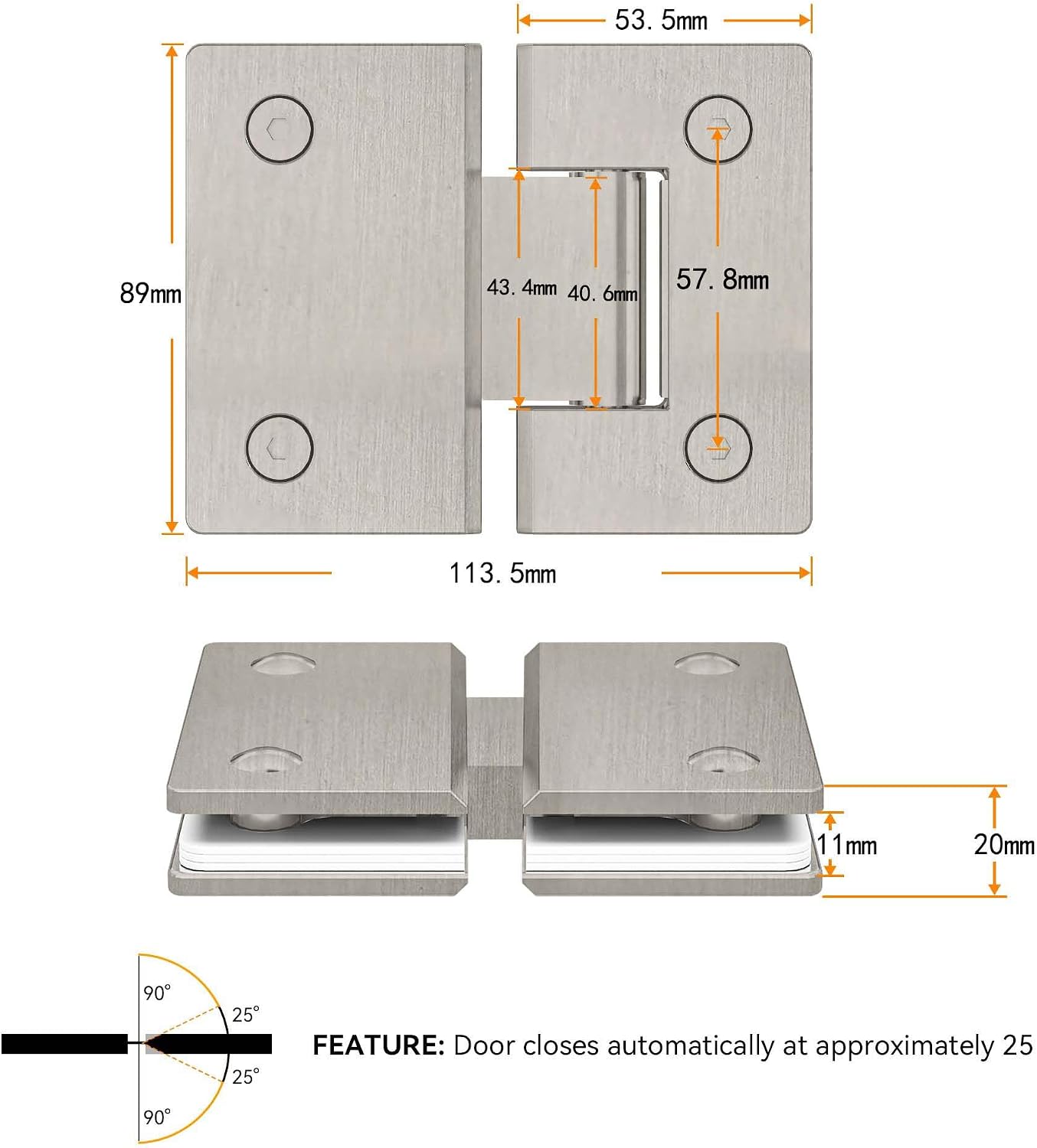 180 Degree Glass Shower Door Hinges, Heavy Duty Brushed Nickel Glass Door Hinge for Bathroom, 1 PCS 304 Stainless Steel Shower Door Hinges for 1/4" to 1/2" Frameless Shower Door