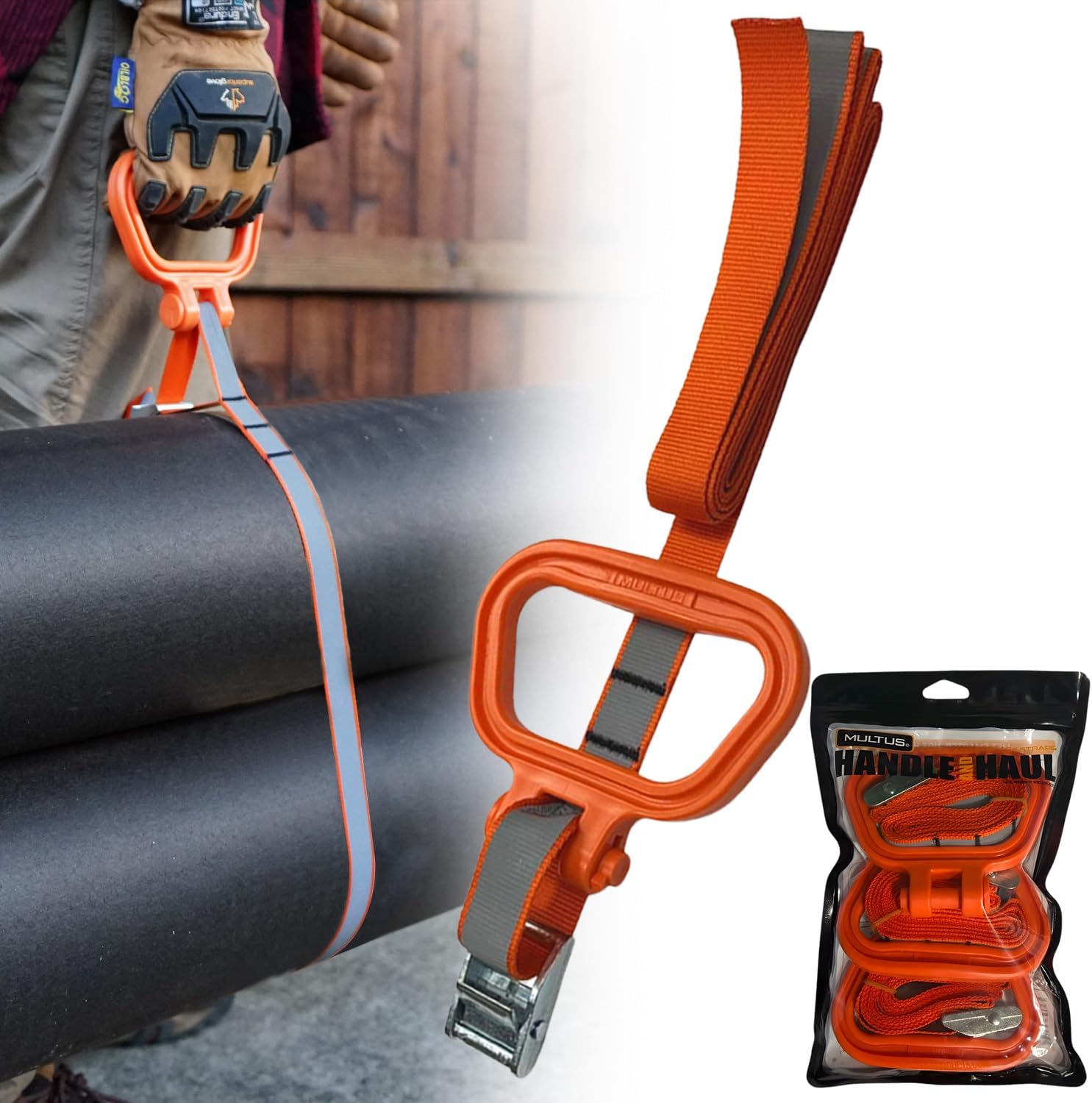 MULTUS Orange Reflective Cambuckle + Handle Moving Cargo Car Truck Tie Down Strap for Hunting Trailer Camping Canoe Kayak Lawn Equipment Gear – 9 Foot Polyester Strap - 3 Pack