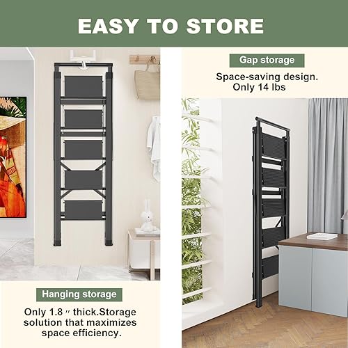Miniatura 4 de HBTower Escalera plegable de aluminio de 5 peldaños con pedal ancho, escalera ligera portátil con asa para el hogar, cocina, color negro
