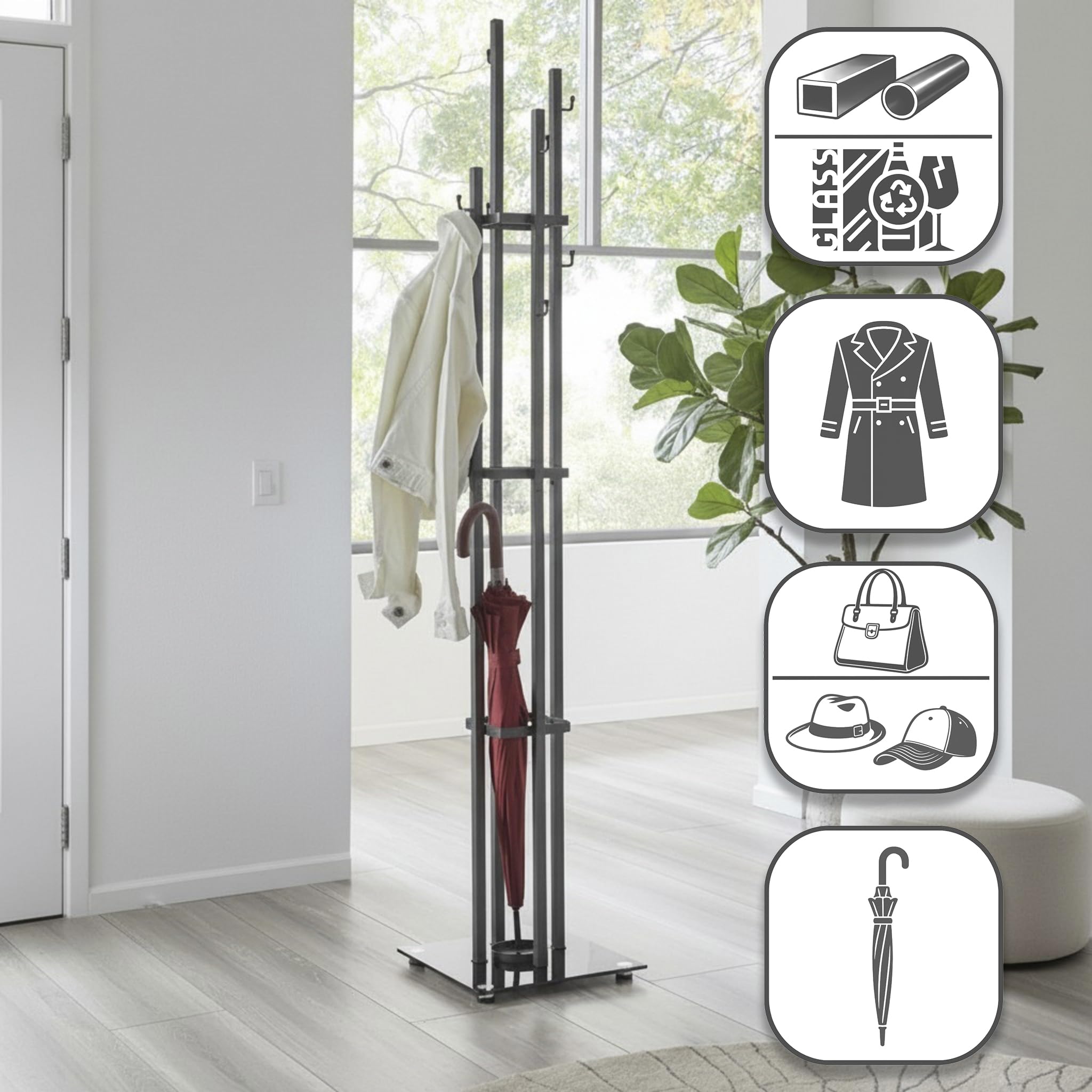 HAKU Appendiabiti antracite, nero, Metallo, vetro di sicurezza 8 mm - Dim. L 35 cm x A 183 cm x P 35 cm, Stile Moderno