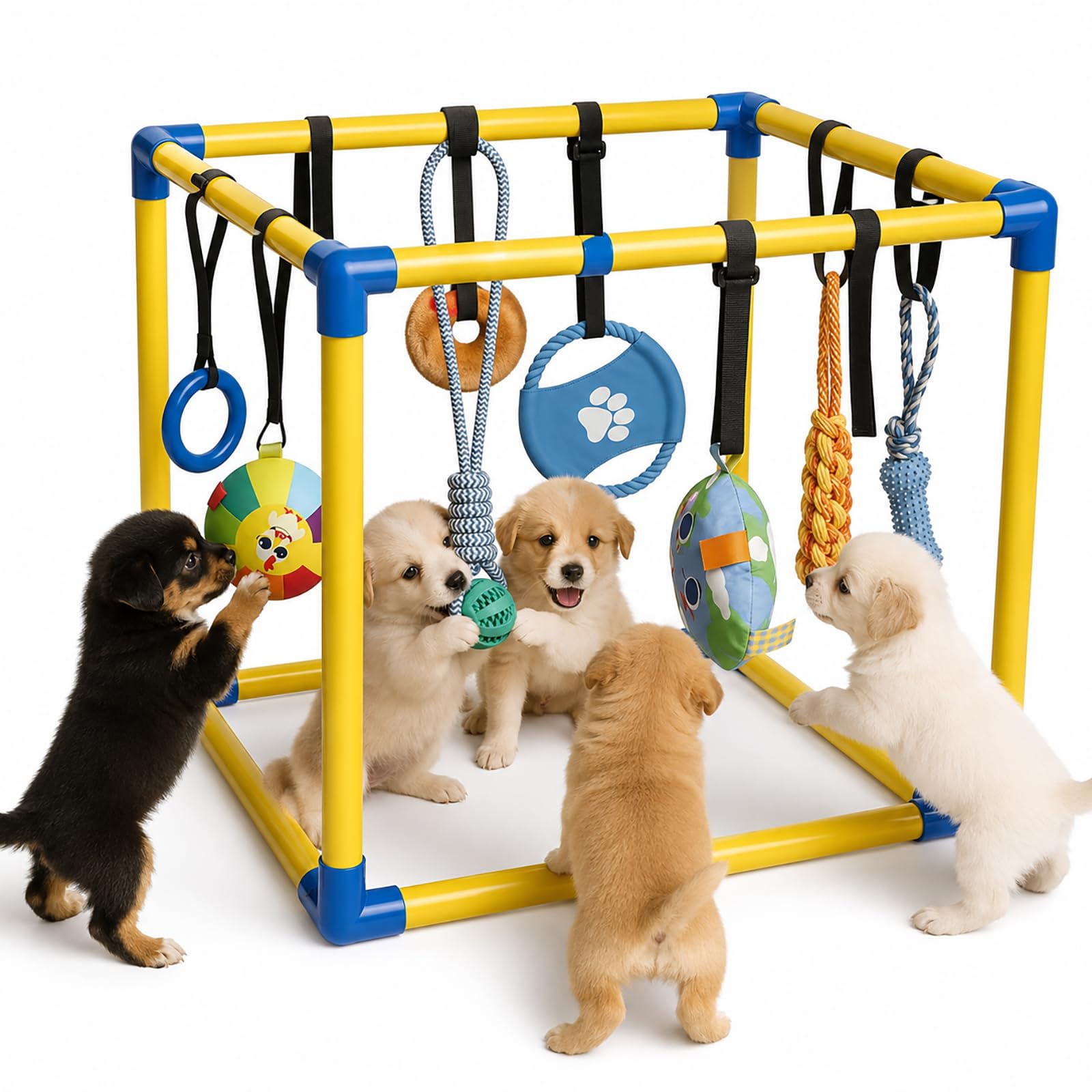 Centro attività per cani con giocattoli appesi, palestra da gioco per cuccioli al coperto, robusto telaio in PVC, 8 giocattoli interattivi per esercizi e stimolazione mentale
