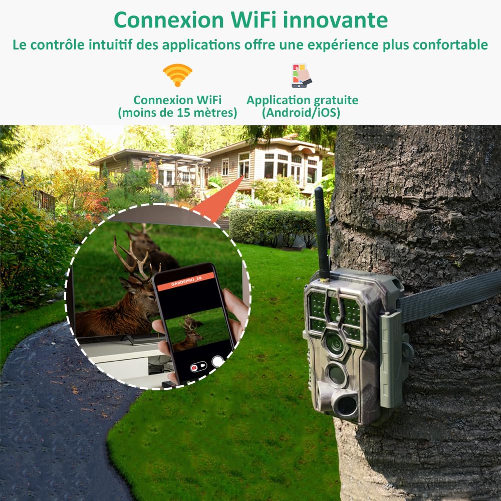 GardePro E8 Camera de Chasse WiFi avec App, 64MP 1296P H.264 Vidéo | Caméra de Chasse Connectée Telephone, Camera Vision Nocturne Animaux Exterieur, Camera Detecteur de Mouvement, No Glow 940nm