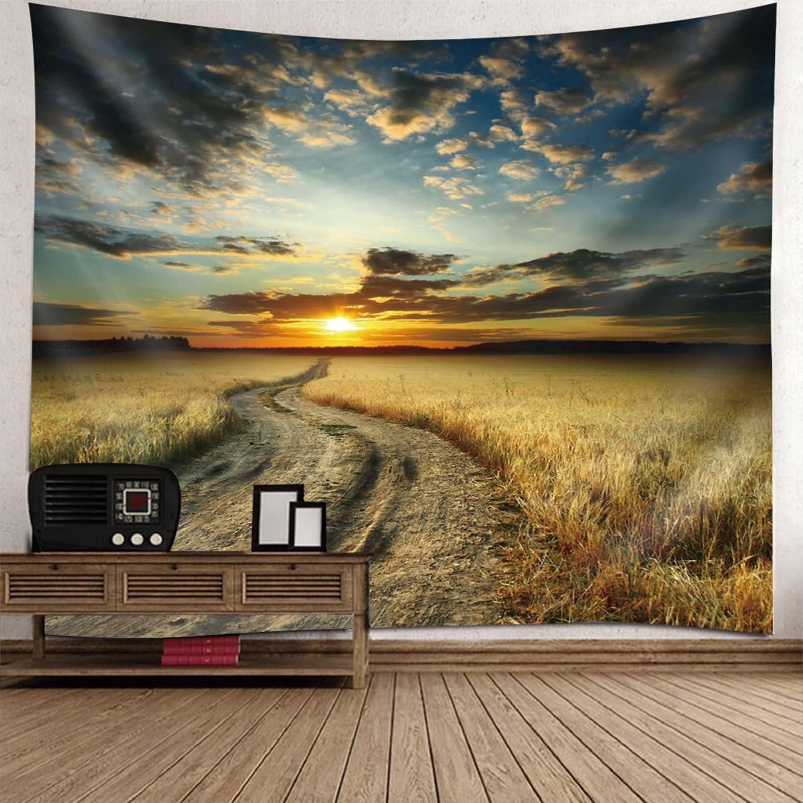 Homxi Tapiz de Sofas 260 x 240 CM,Paisaje de Camino y Atardecer Tapiz para Habitación Poliester Amarillo Gris Azul