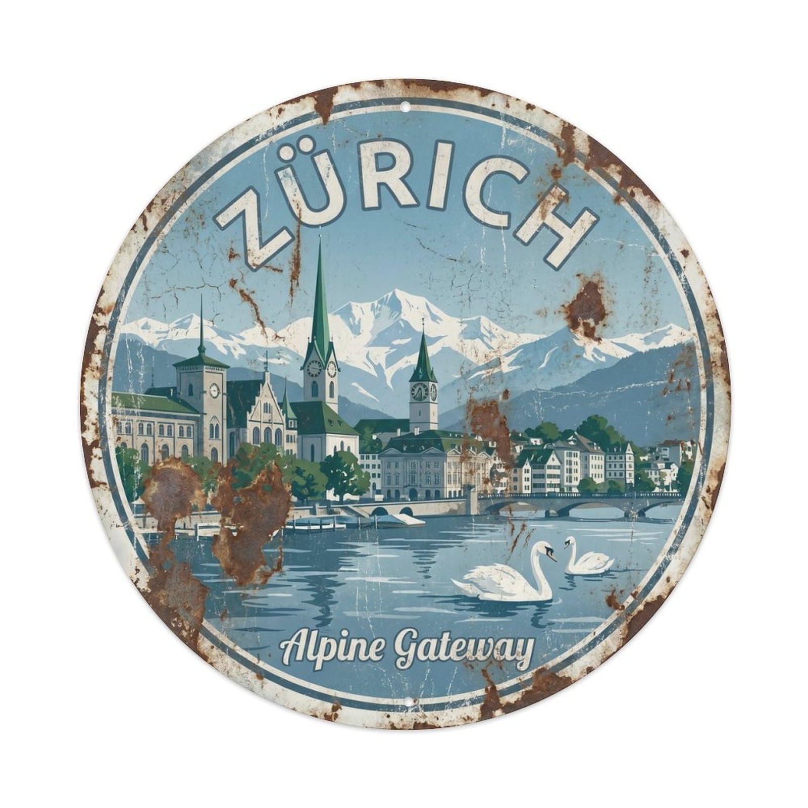 Vintage Travel Zurich Lake Alpine Metal Tin Sign Plaque
